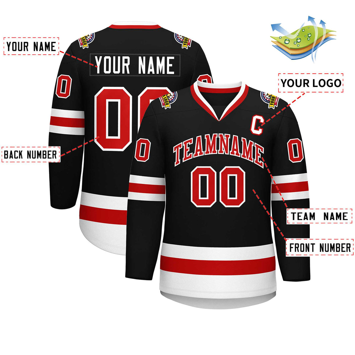 Custom Black Red-White Classic Style Hockey Jersey | KXKSHOP