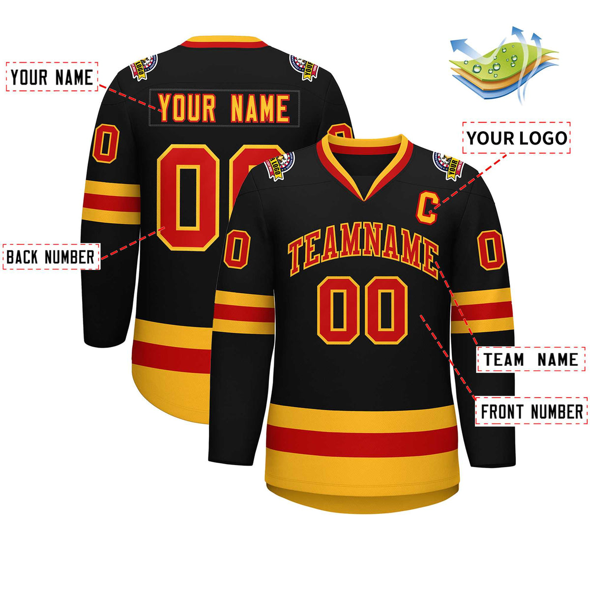 Custom Black Red-Gold Classic Style Hockey Jersey | KXKSHOP