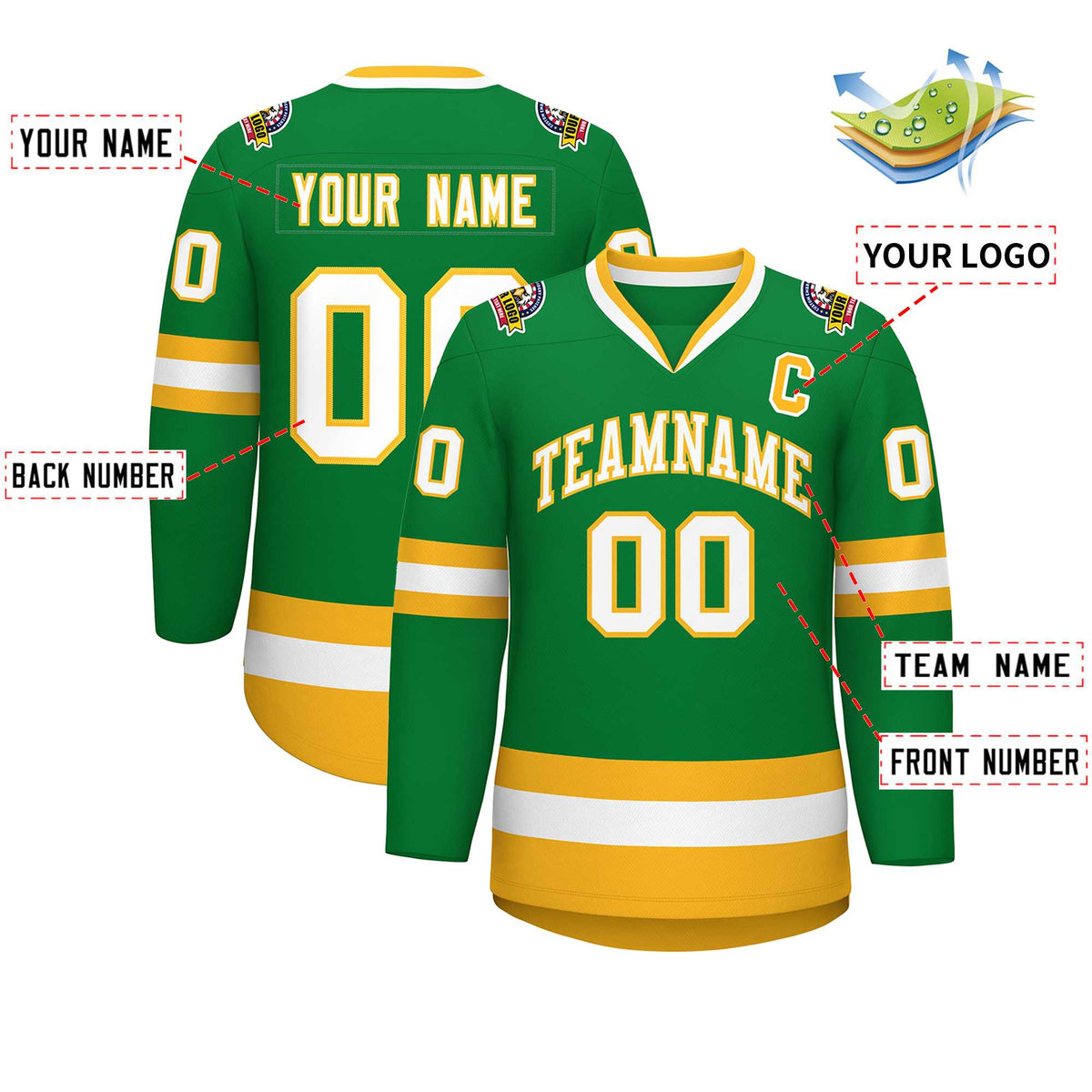 Custom Kelly Green White-Gold Classic Style Hockey Jersey | KXKSHOP