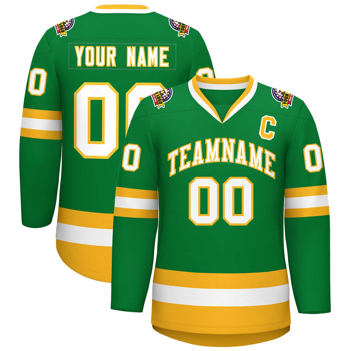 Custom Kelly Green White-Gold Classic Style Hockey Jersey | KXKSHOP