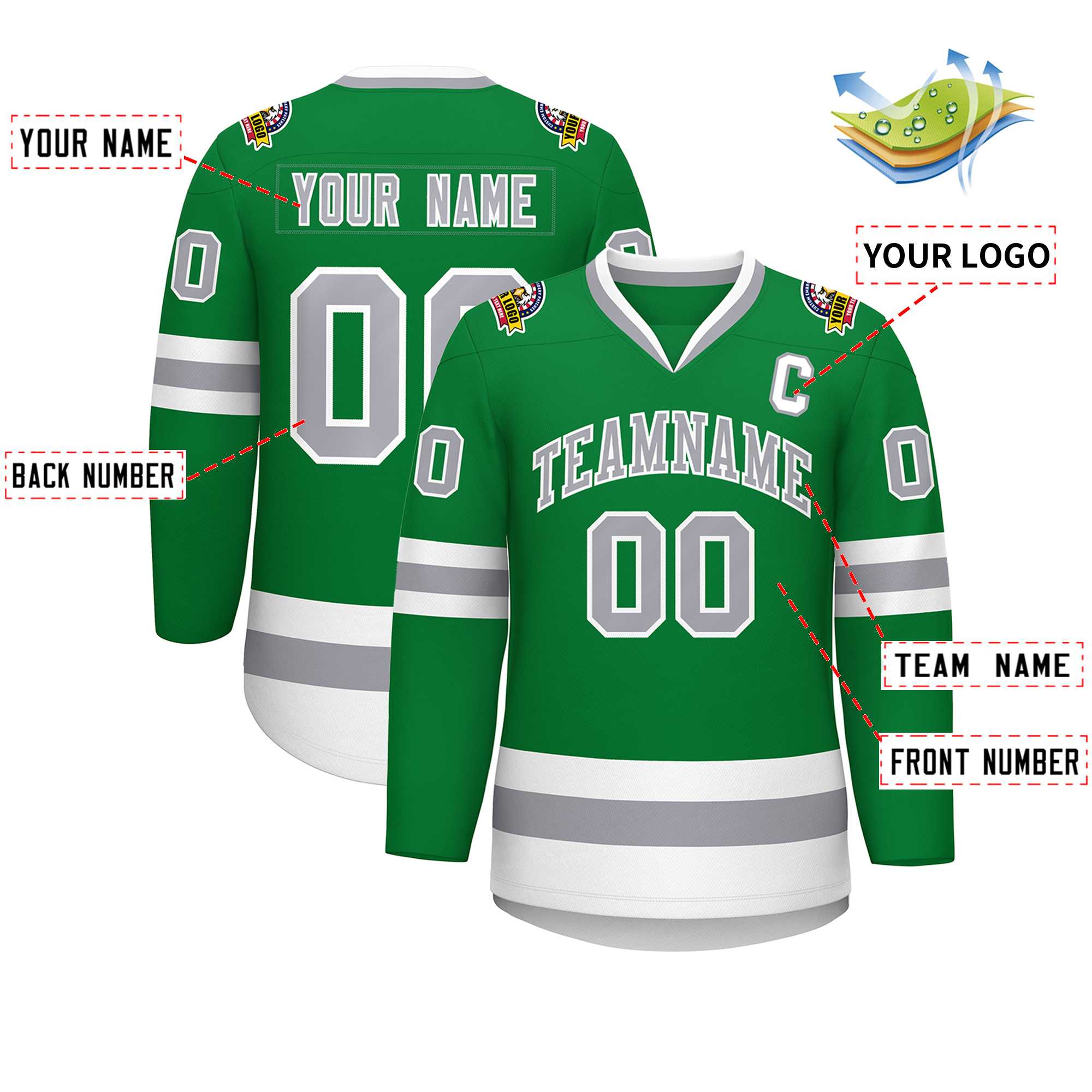 Custom Kelly Green Gray-White Classic Style Hockey Jersey | KXKSHOP