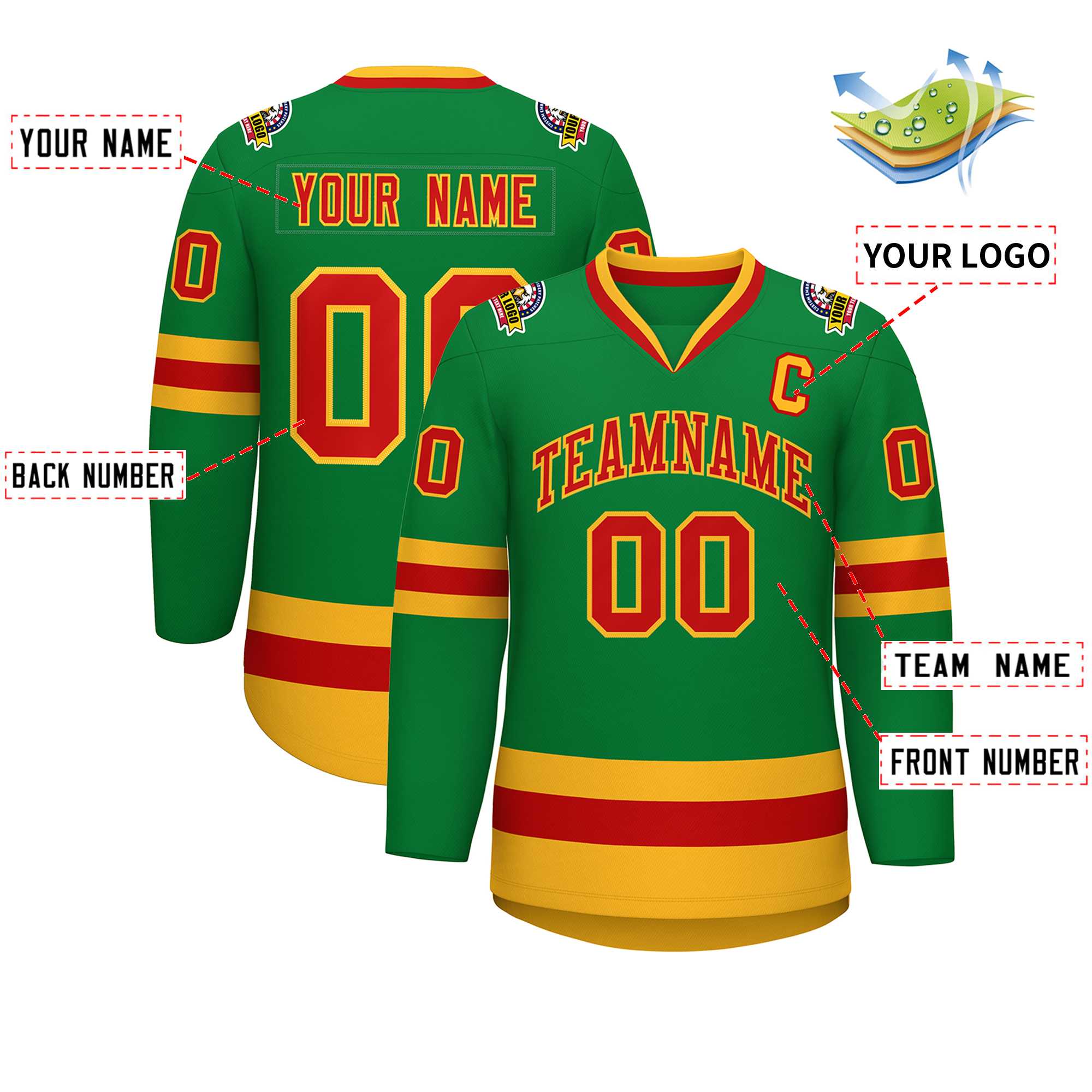 Custom Kelly Green Red-Gold Classic Style Hockey Jersey | KXKSHOP