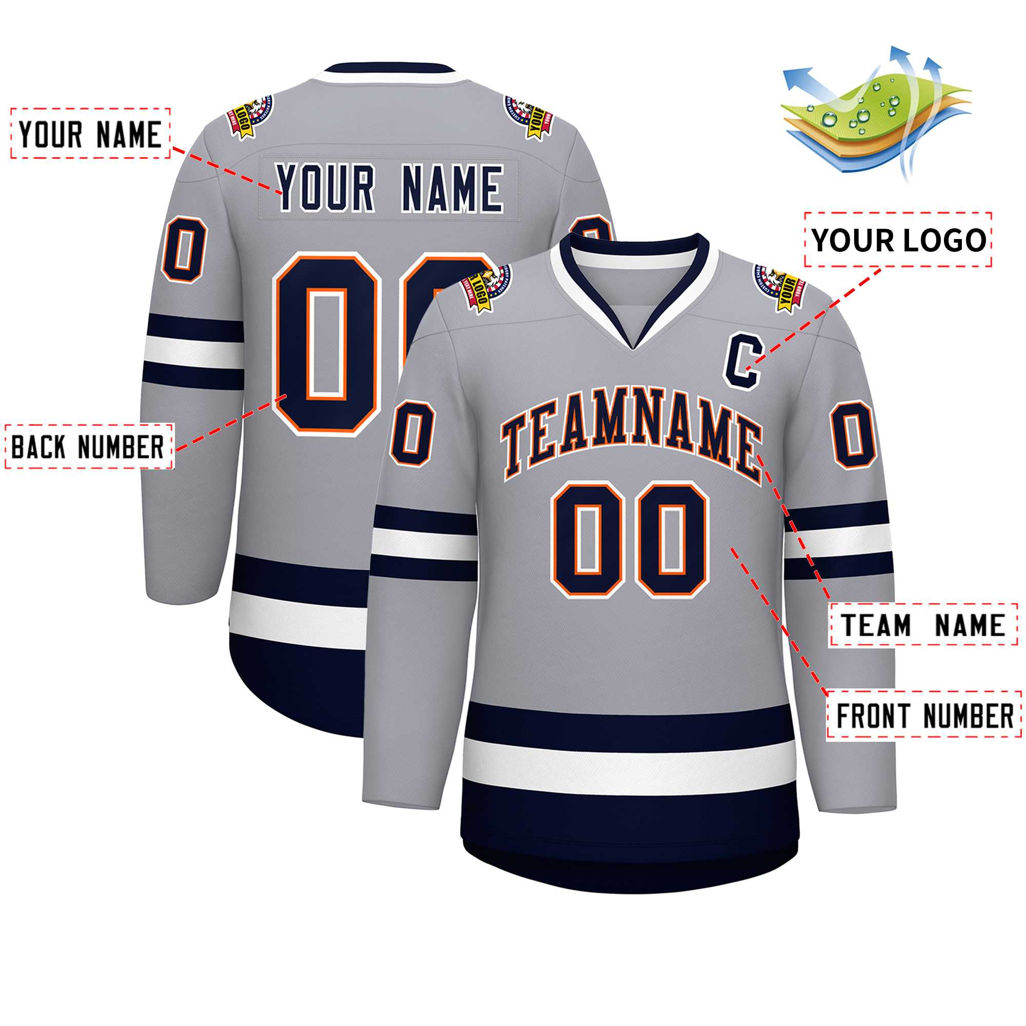 Custom Gray Navy Orange-White Classic Style Hockey Jersey | KXKSHOP