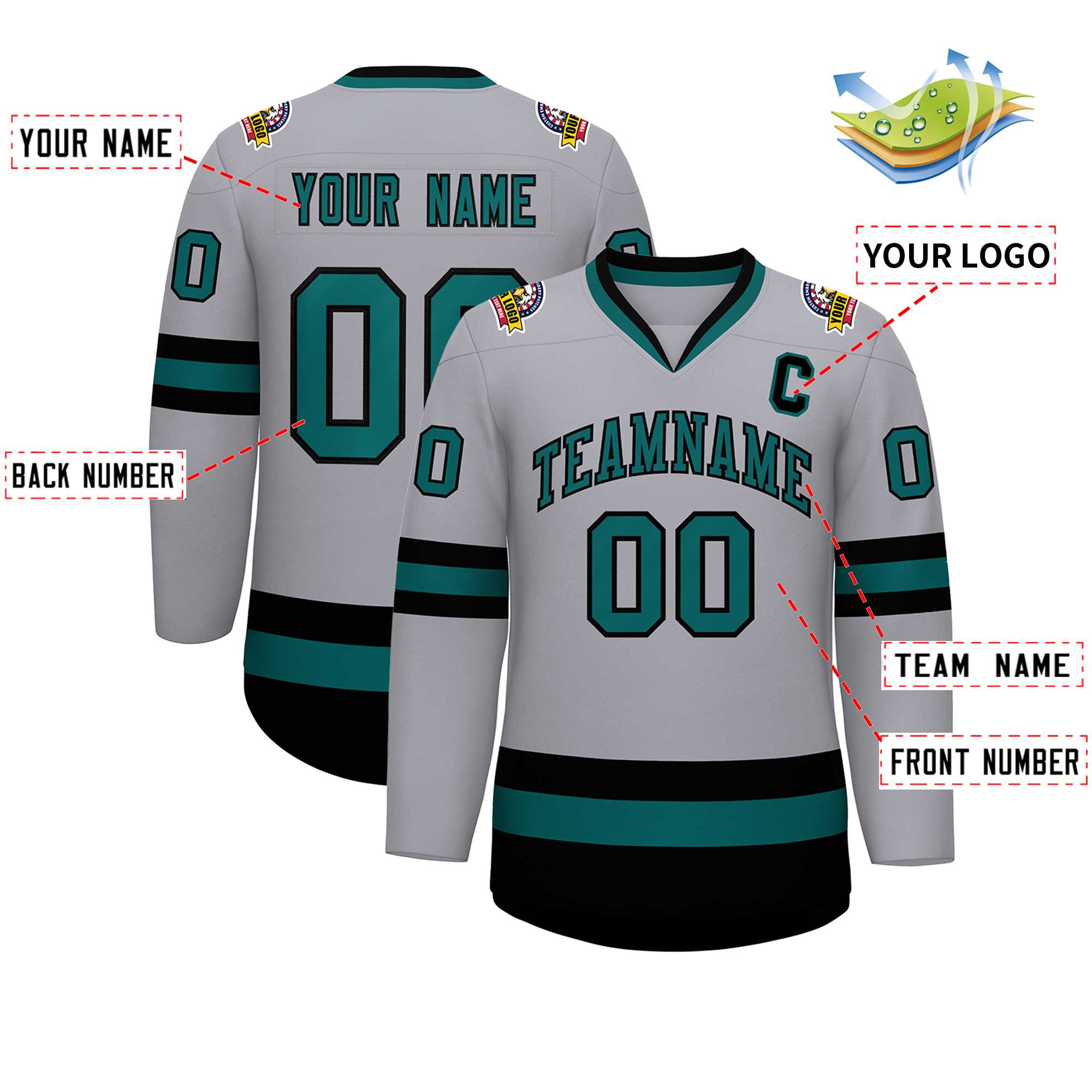 Custom Gray Aqua-Black Classic Style Hockey Jersey | KXKSHOP
