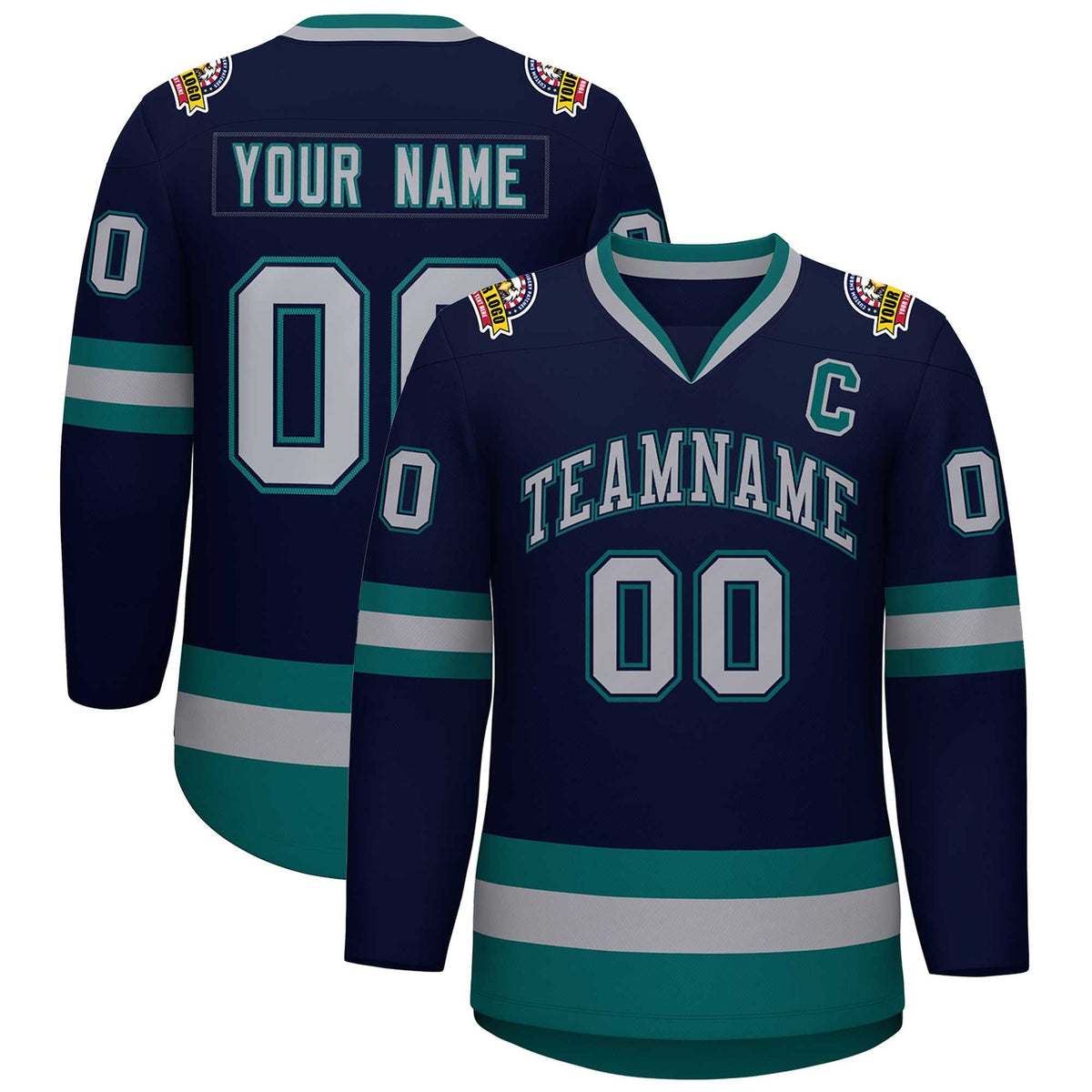 Custom Navy Gray Navy-Aqua Classic Style Hockey Jersey | KXKSHOP