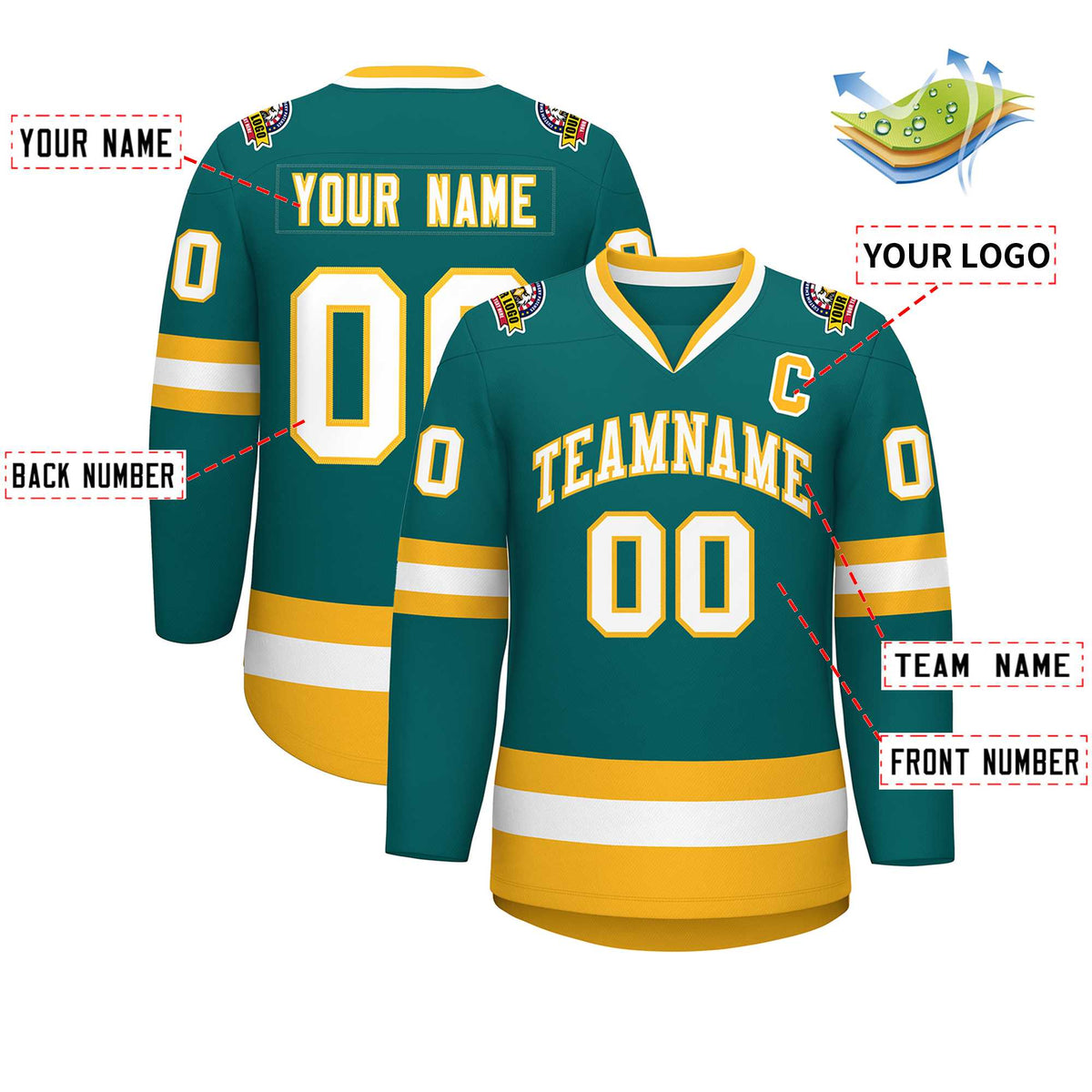 Custom Teal White-Gold Classic Style Hockey Jersey | KXKSHOP