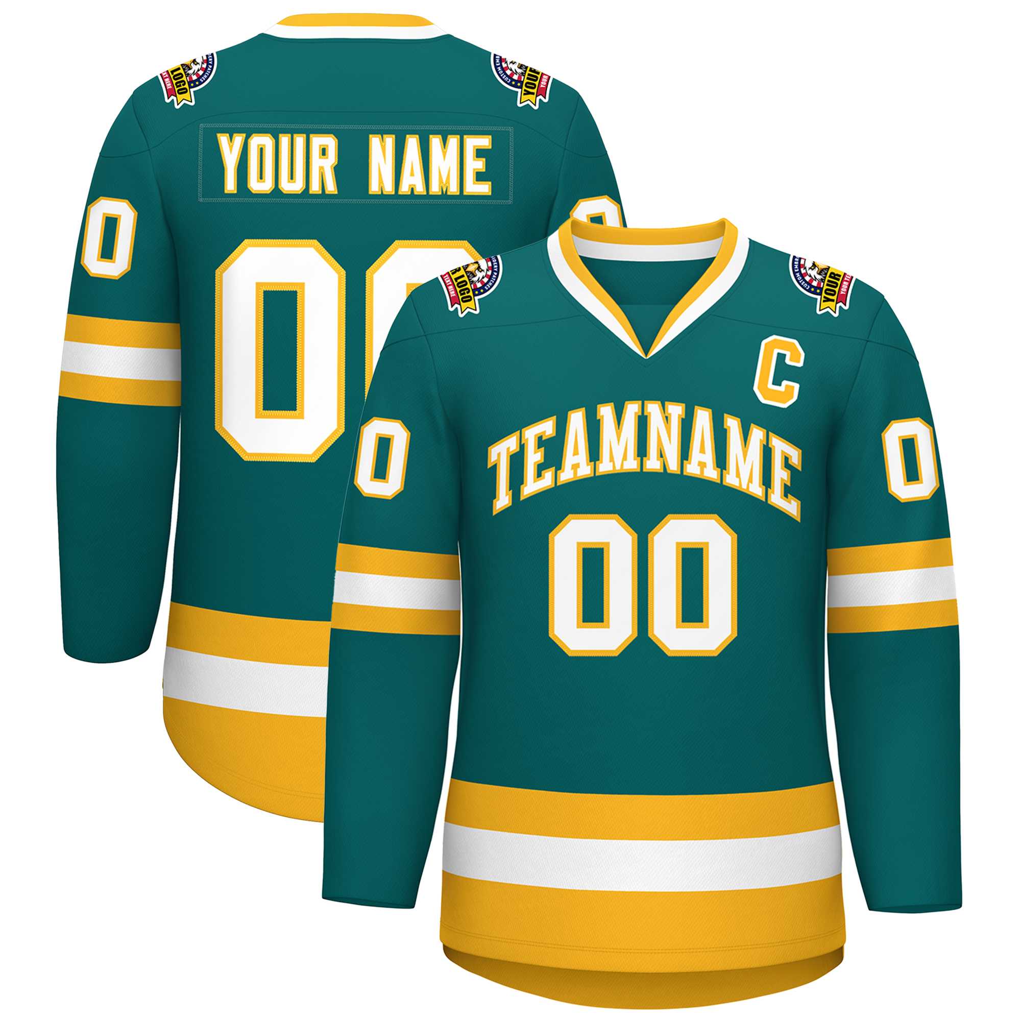 Custom Teal White-Gold Classic Style Hockey Jersey | KXKSHOP