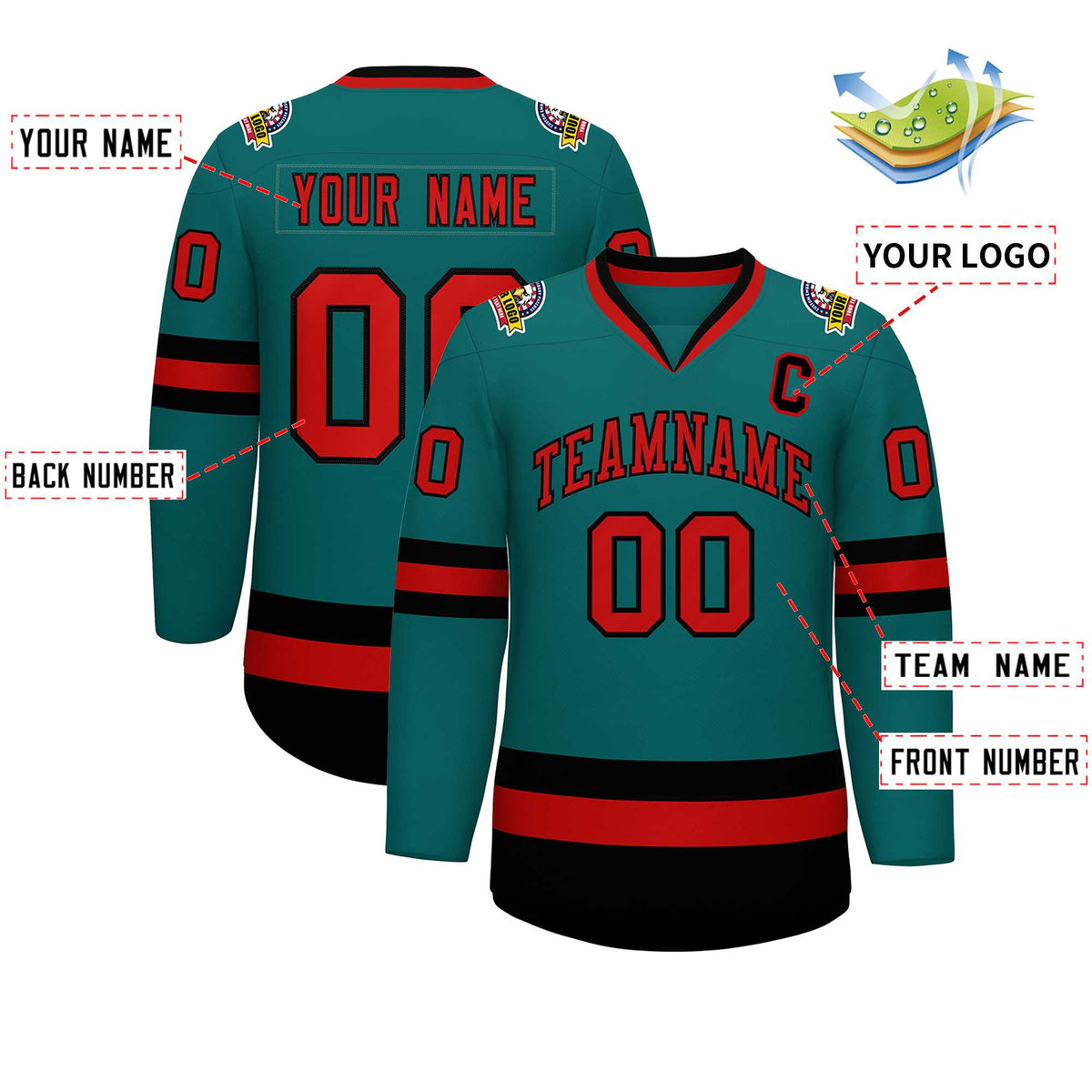 Custom Teal Red-Black Classic Style Hockey Jersey | KXKSHOP