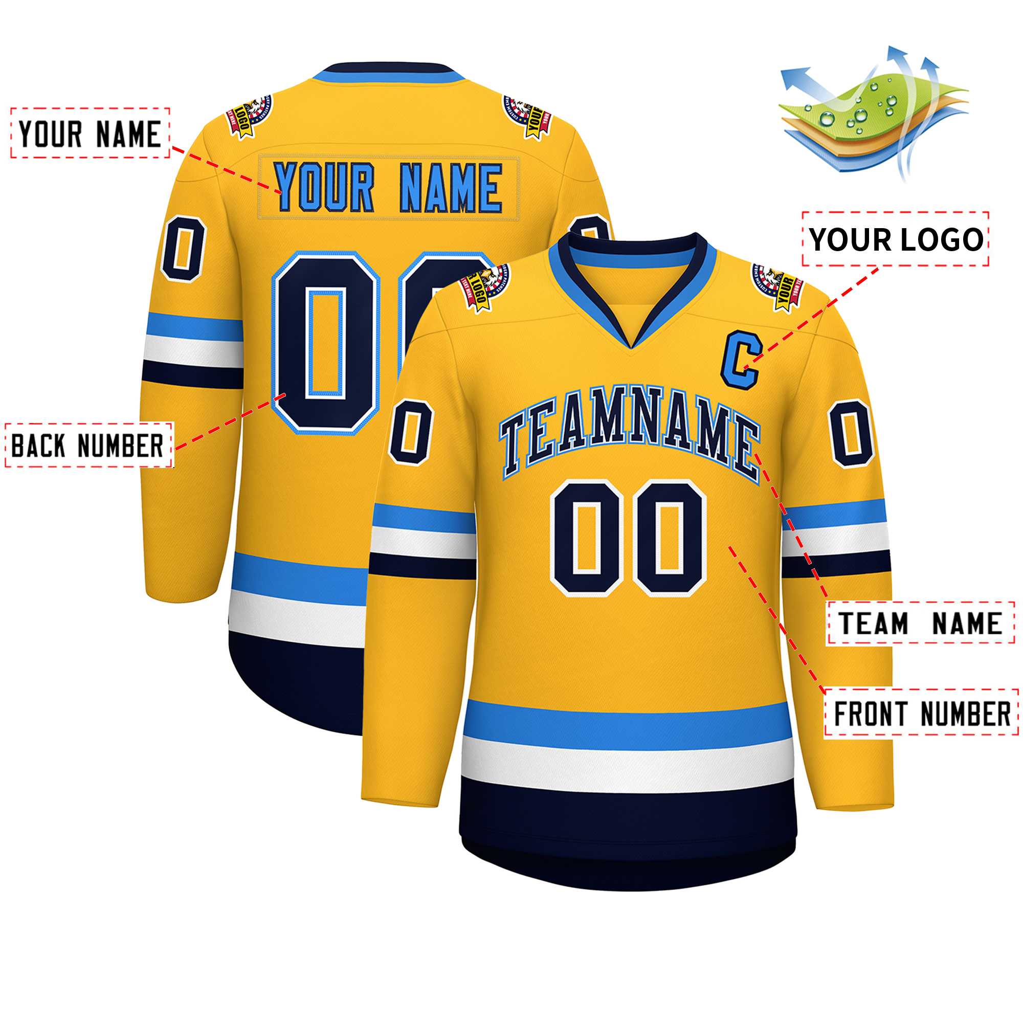 Custom Gold Navy White-Powder Blue Classic Style Hockey Jersey | KXKSHOP