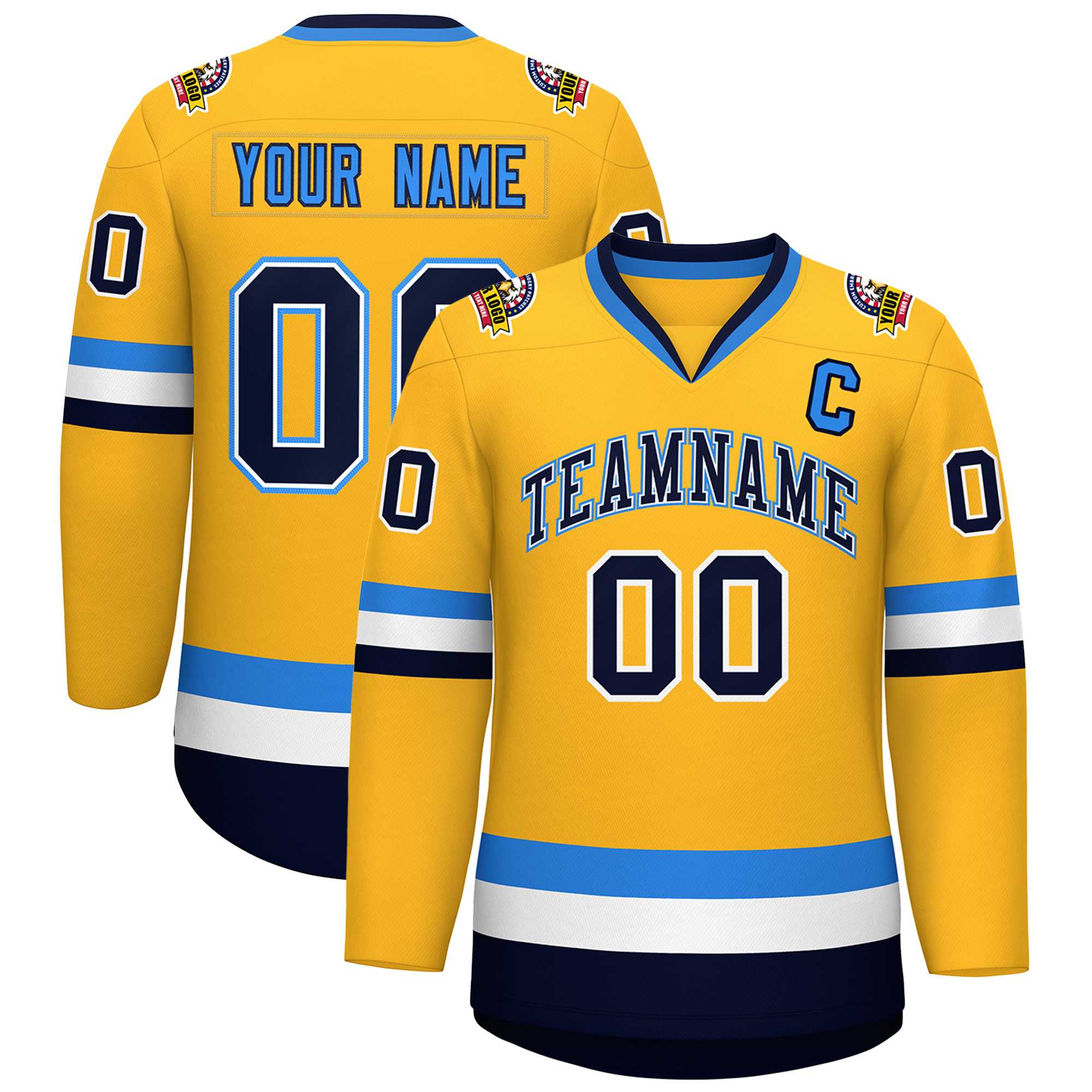 Custom Gold Navy White-Powder Blue Classic Style Hockey Jersey | KXKSHOP
