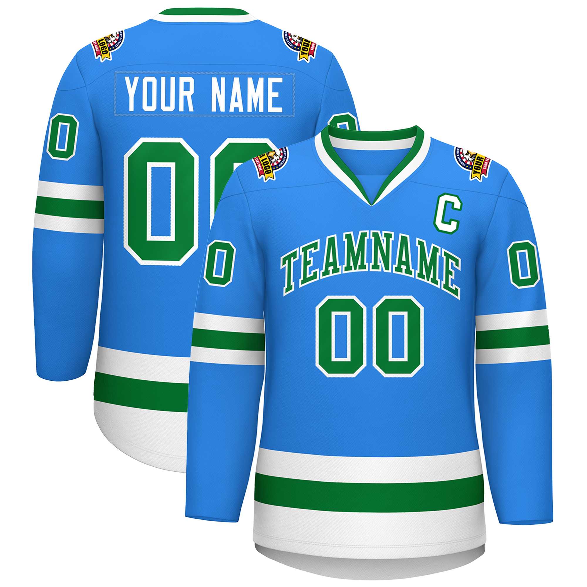 Custom Powder Blue Kelly Green-White Classic Style Hockey Jersey | KXKSHOP