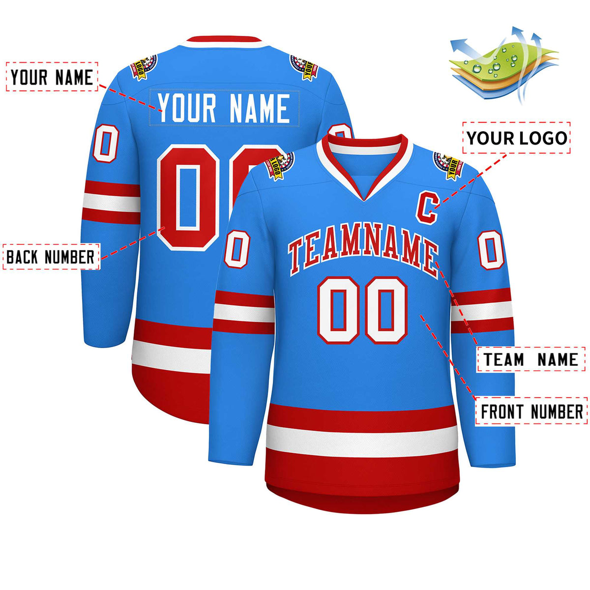 Custom Powder Blue Red-White Classic Style Hockey Jersey | KXKSHOP