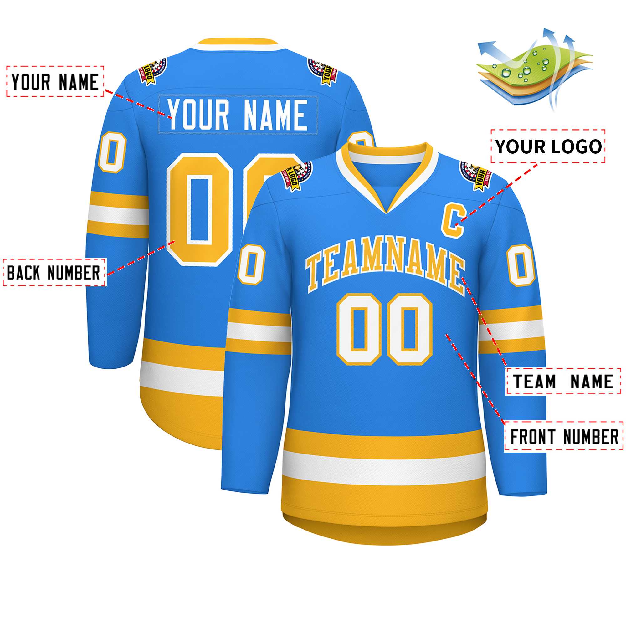 Custom Powder Blue Gold-White Classic Style Hockey Jersey | KXKSHOP