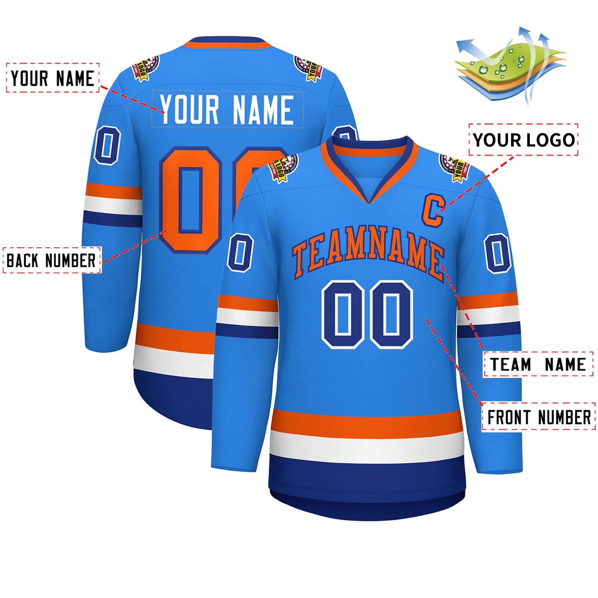 Custom Powder Blue Orange-Royal Classic Style Hockey Jersey | KXKSHOP