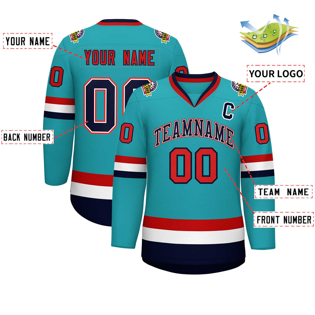 Custom Aqua Navy White-Red Classic Style Hockey Jersey | KXKSHOP