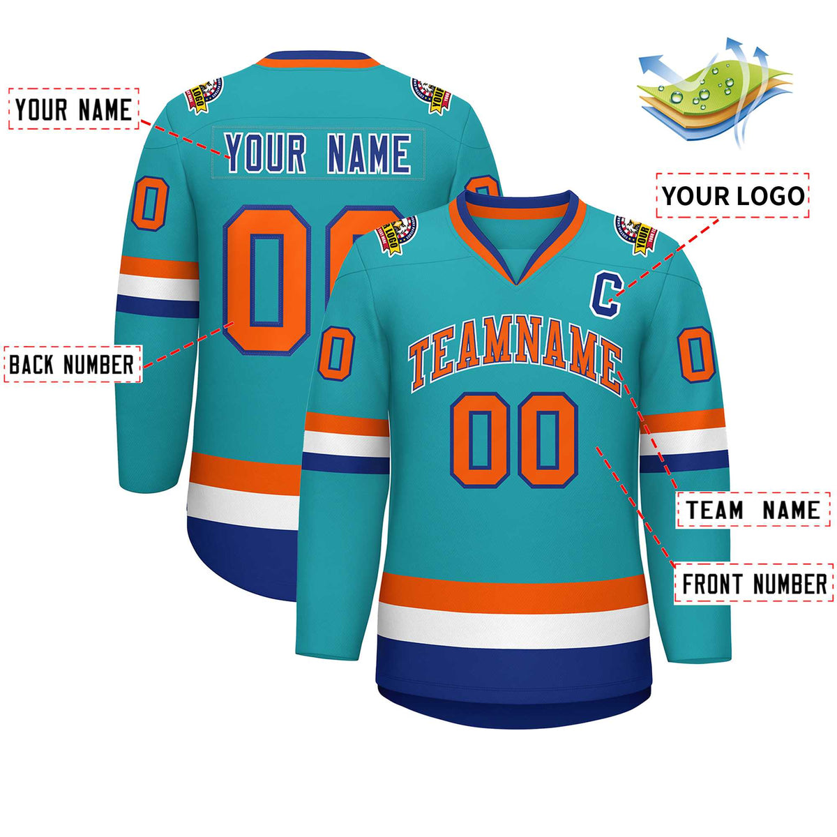 Custom Aqua Orange Royal-White Classic Style Hockey Jersey | KXKSHOP