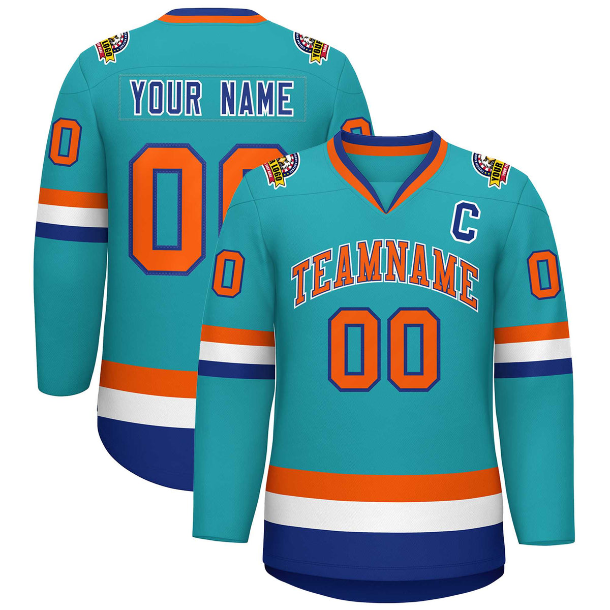 Custom Aqua Orange Royal-White Classic Style Hockey Jersey | KXKSHOP
