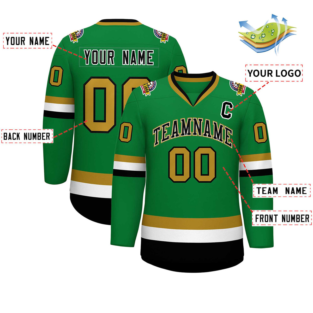 Custom Kelly Green Black White-Old Gold Classic Style Hockey Jersey | KXKSHOP