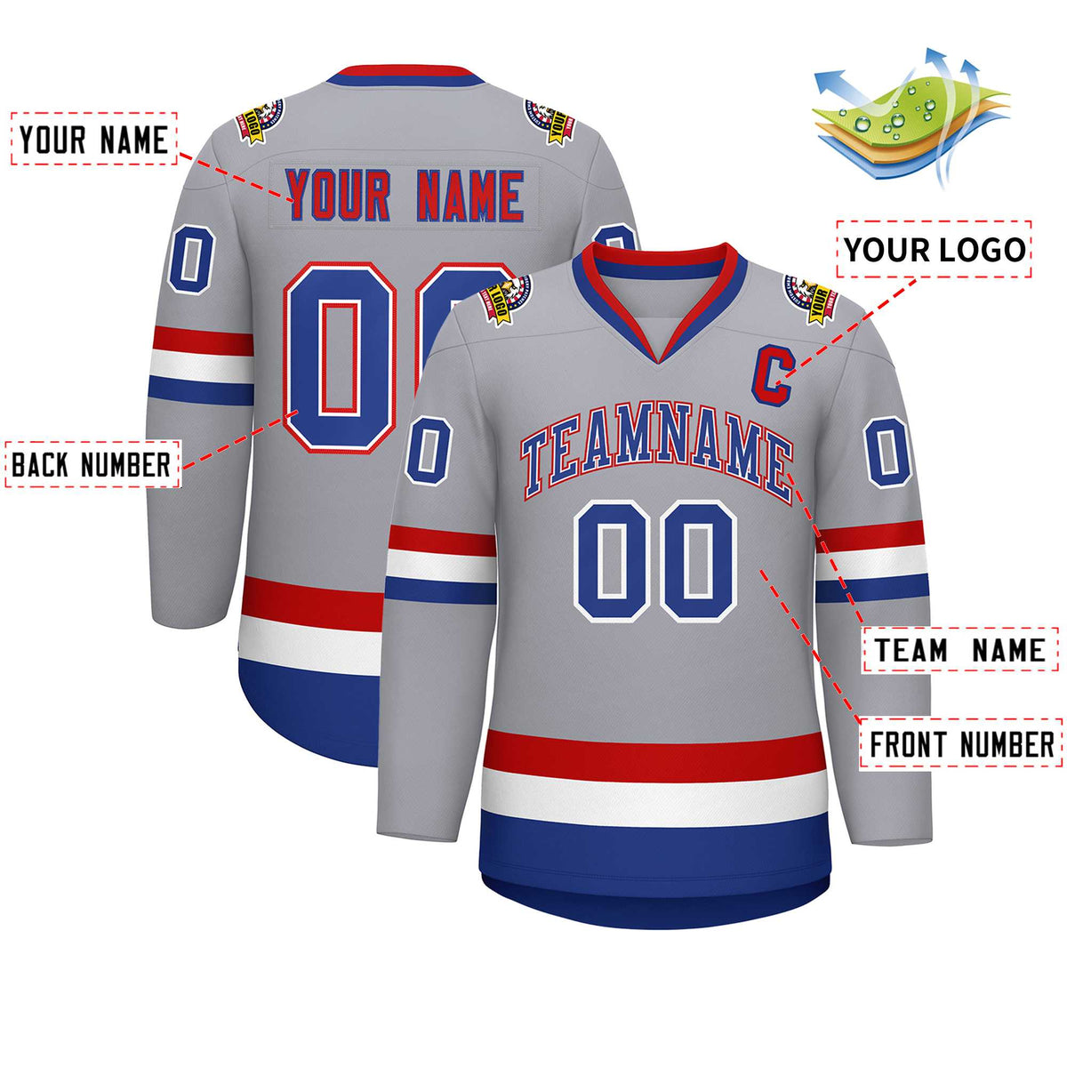 Custom Gray Royal White-Red Classic Style Hockey Jersey | KXKSHOP