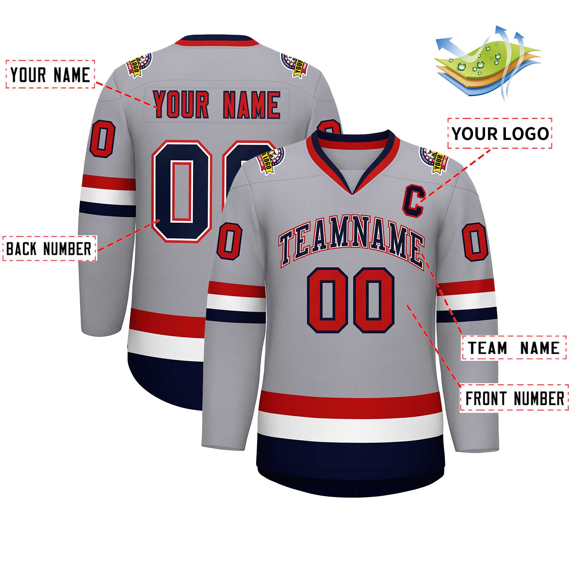 Custom Gray Navy White-Red Classic Style Hockey Jersey | KXKSHOP