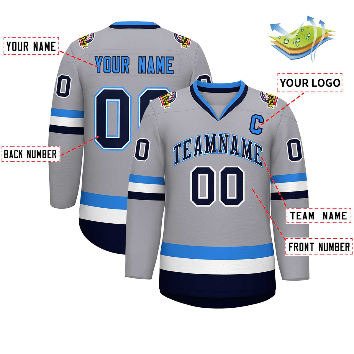 Custom Gray Navy White-Powder Blue Classic Style Hockey Jersey | KXKSHOP