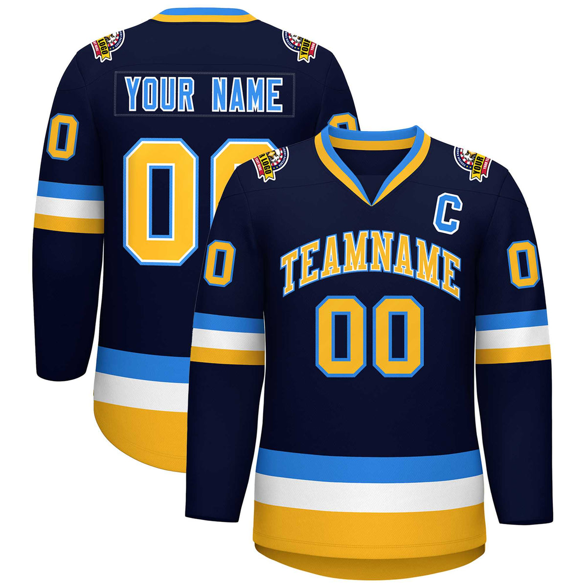 Custom Navy Gold White-Powder Blue Classic Style Hockey Jersey | KXKSHOP