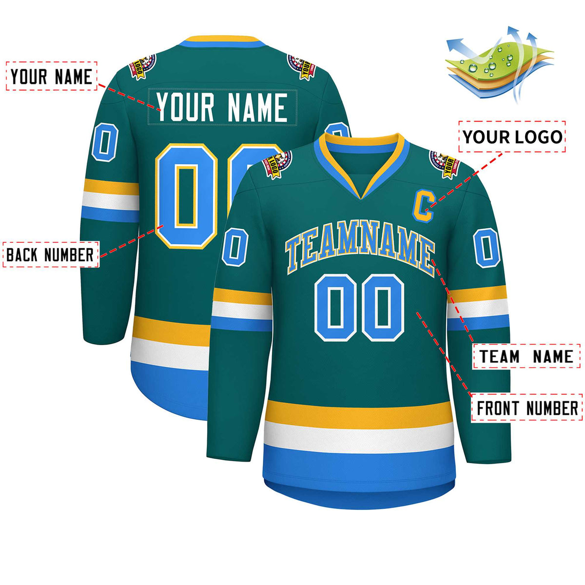 Custom Teal Powder Blue White-Gold Classic Style Hockey Jersey | KXKSHOP