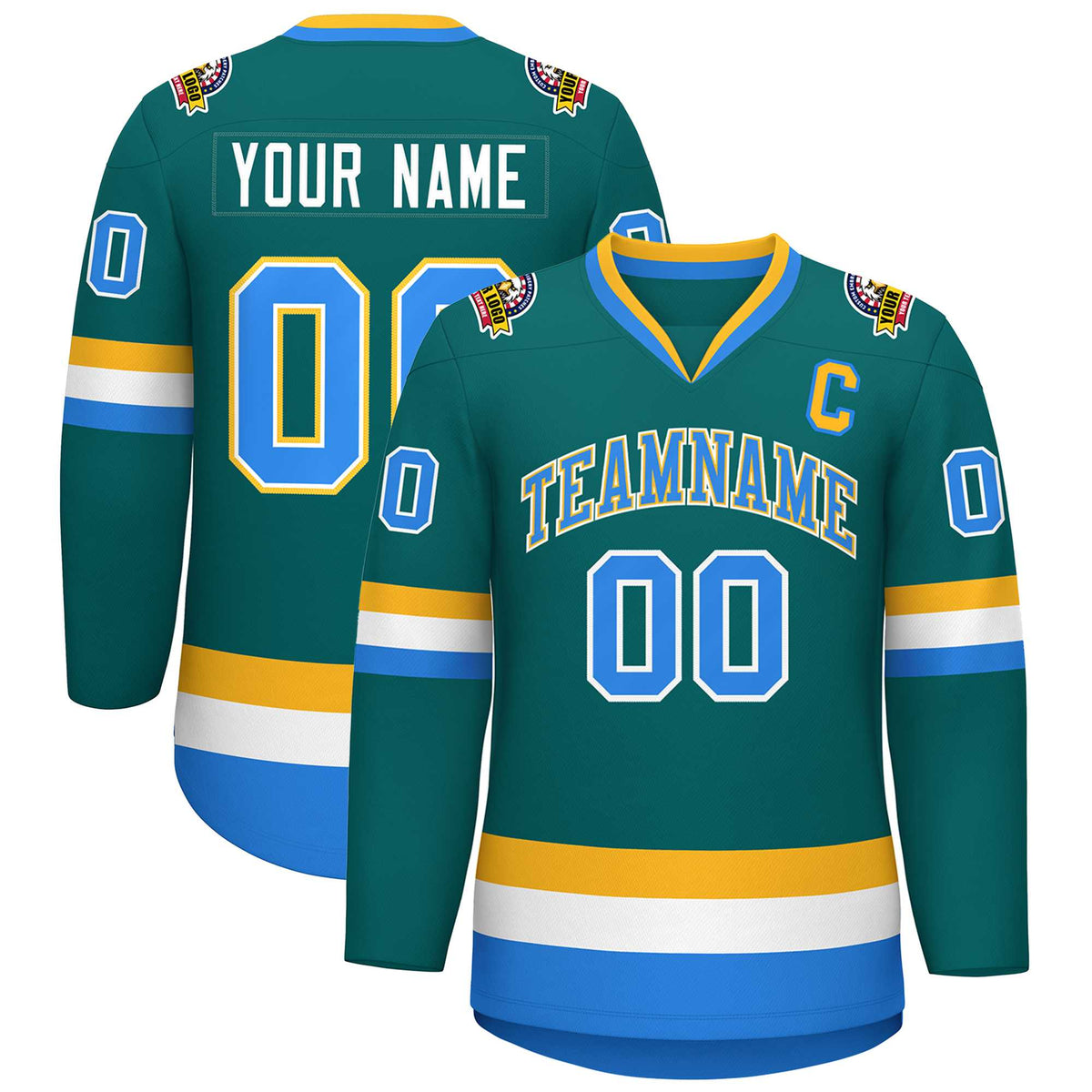 Custom Teal Powder Blue White-Gold Classic Style Hockey Jersey | KXKSHOP