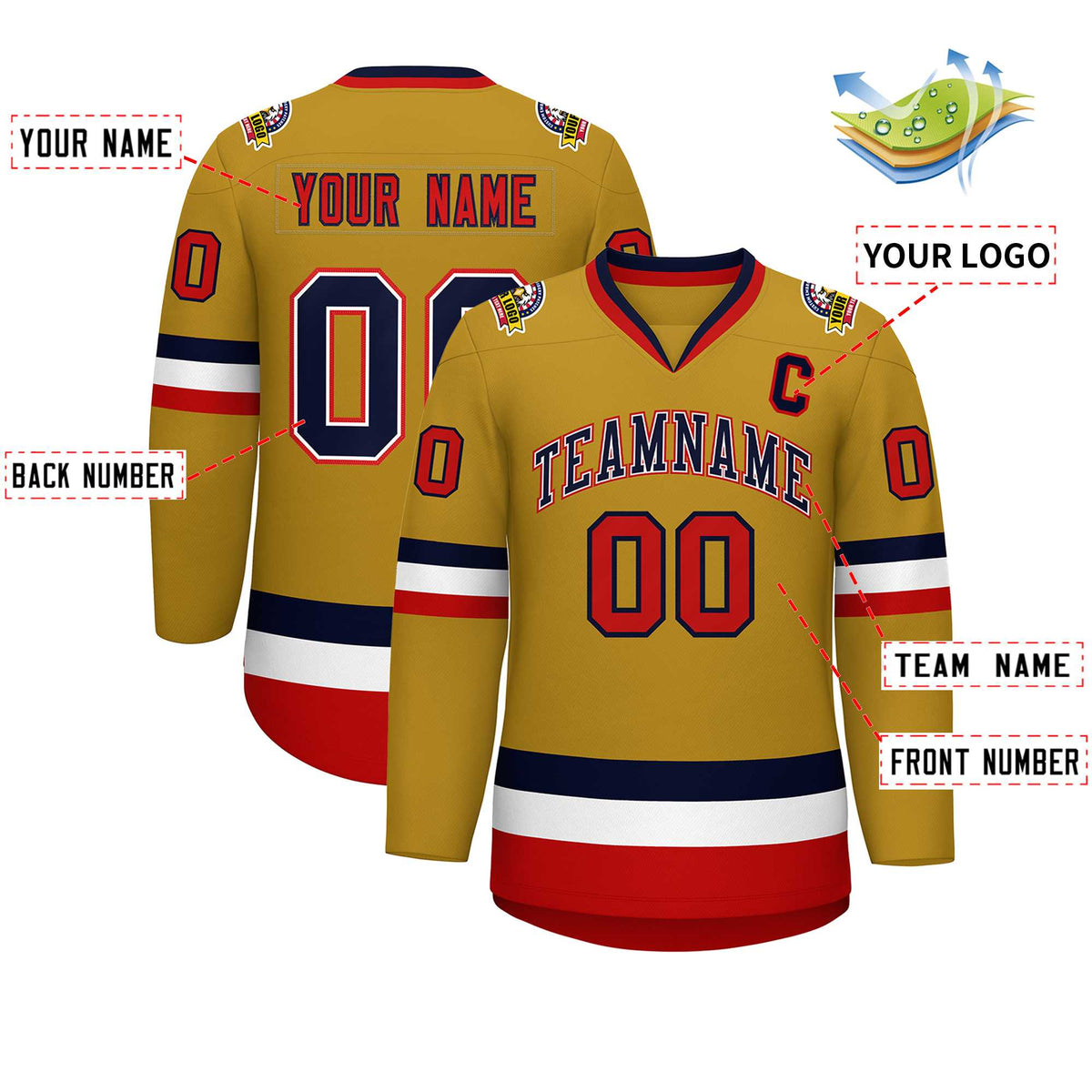 Custom Old Gold Navy White-Red Classic Style Hockey Jersey | KXKSHOP