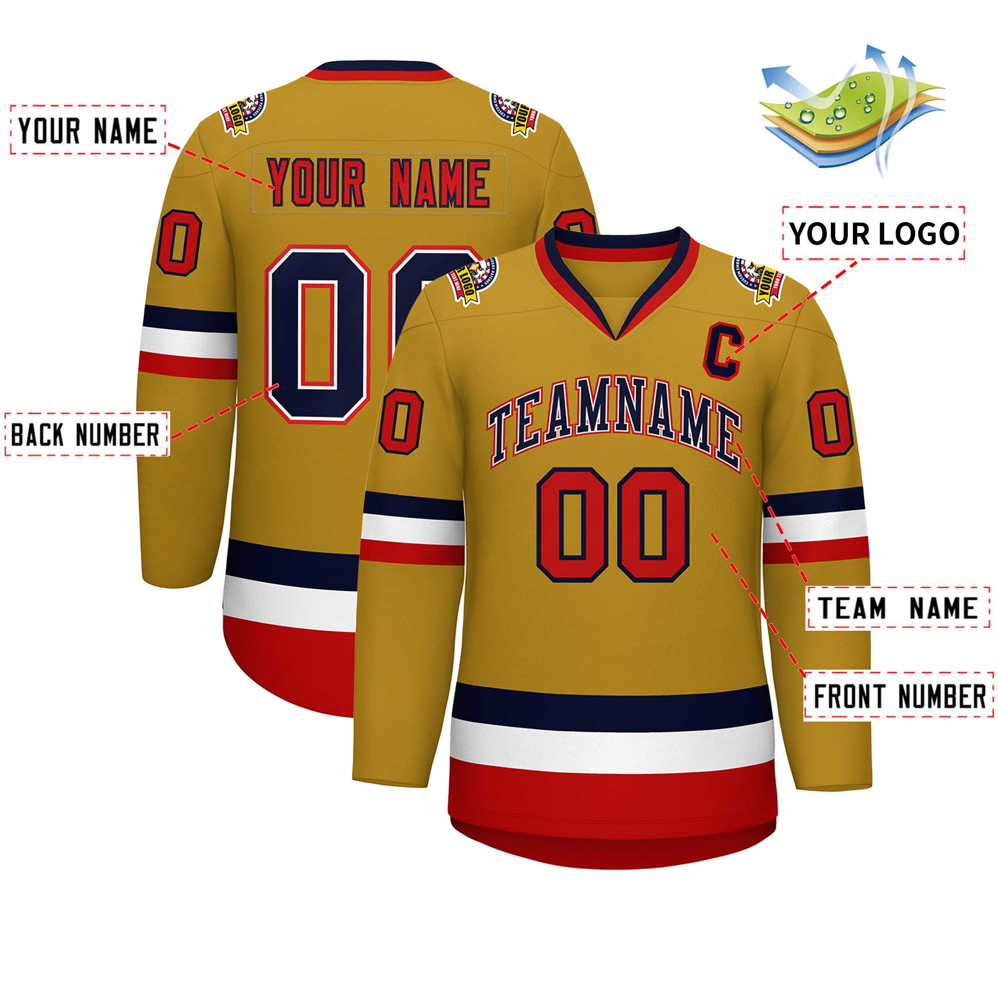 Custom Old Gold Navy White-Red Classic Style Hockey Jersey | KXKSHOP