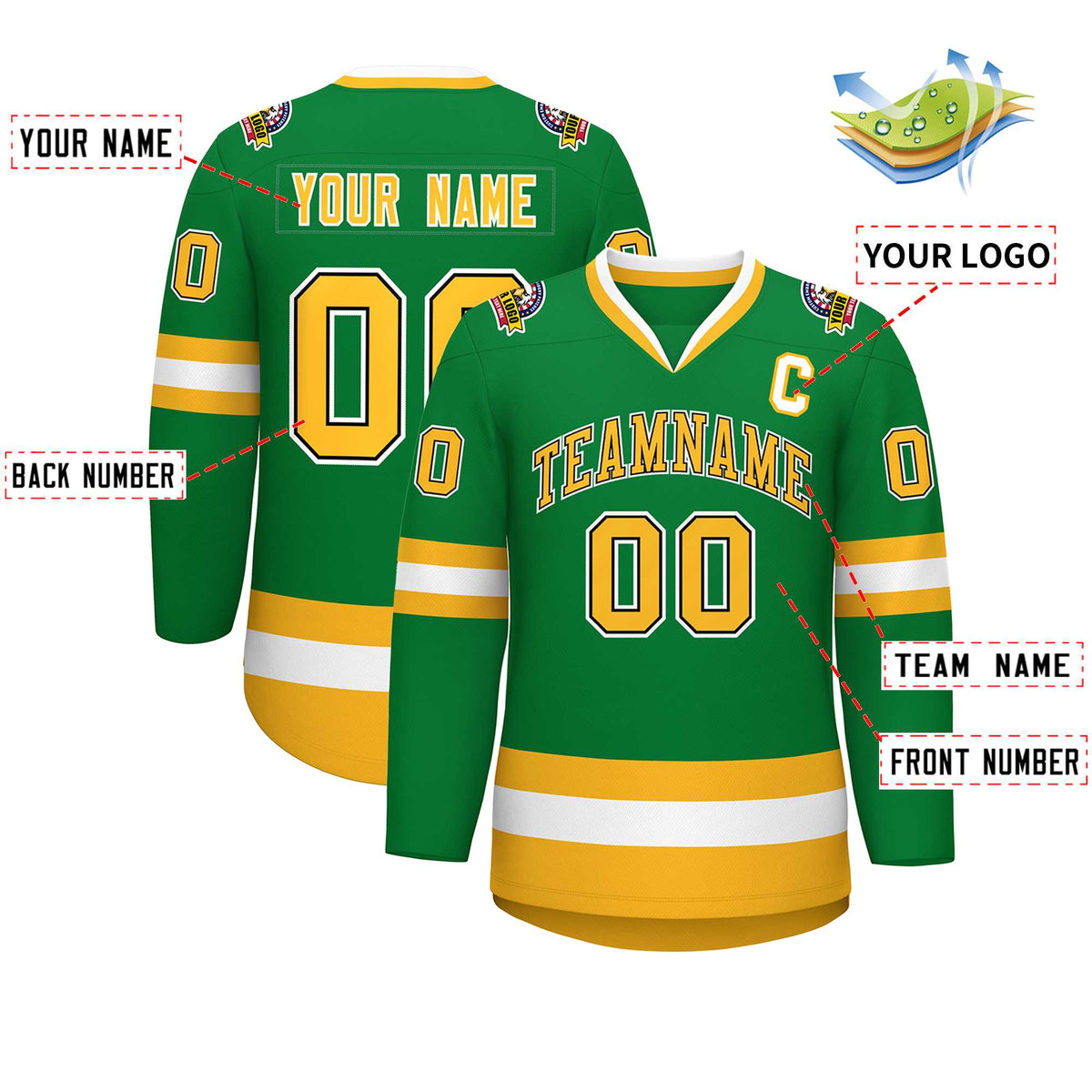 Custom Kelly Green Gold Black-White Classic Style Hockey Jersey | KXKSHOP
