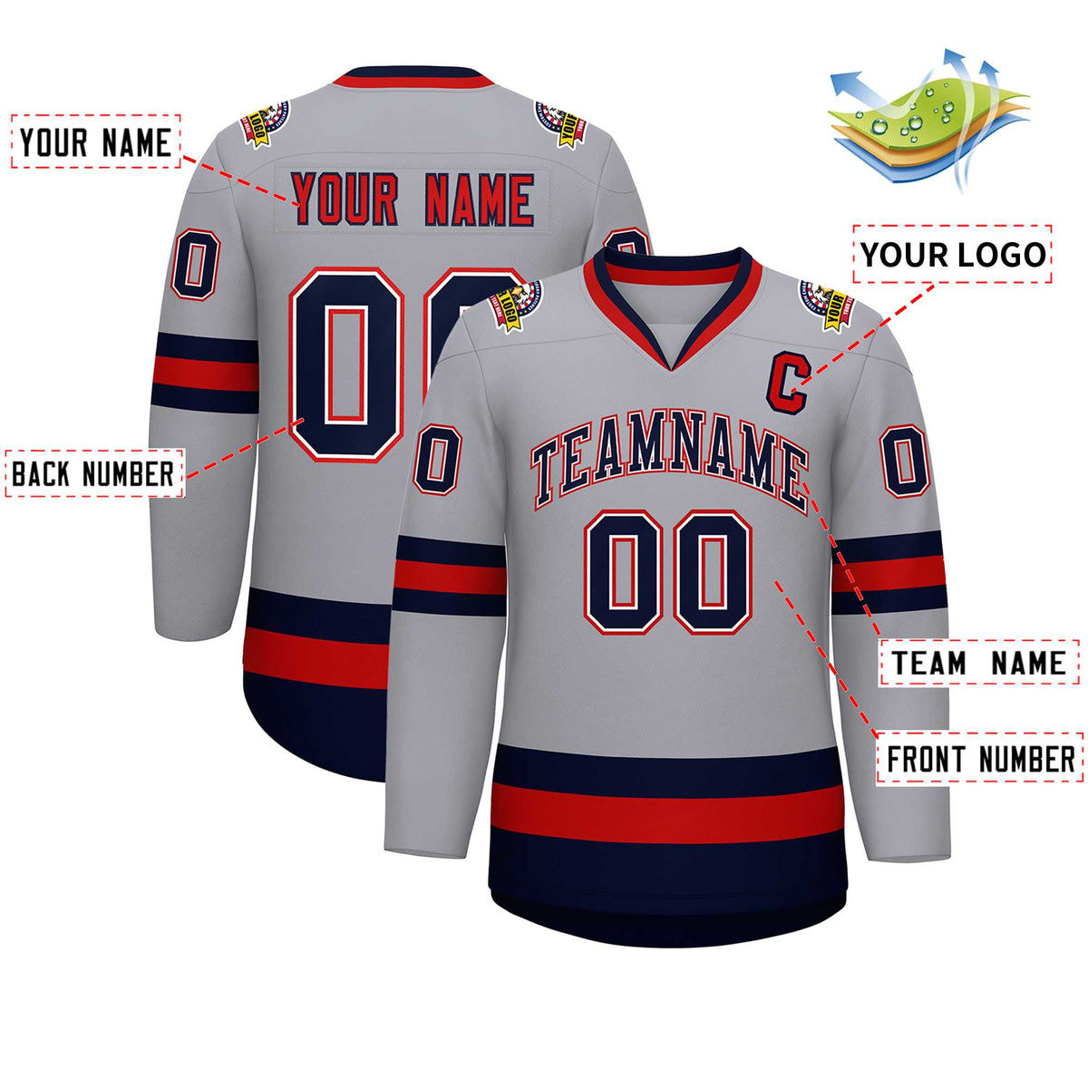 Custom Gray Navy White-Red Classic Style Hockey Jersey | KXKSHOP