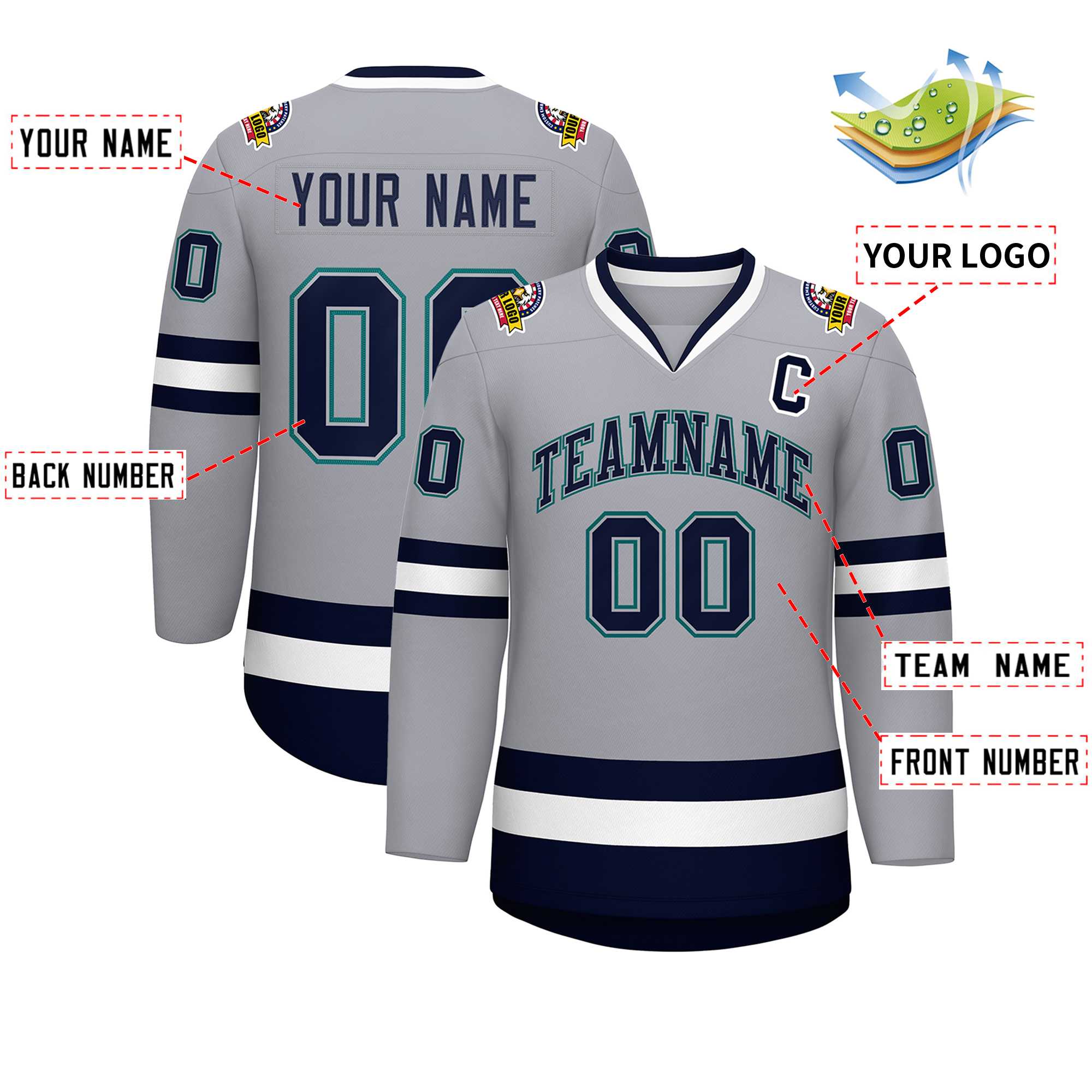 Custom Gray Navy Gray-Aqua Classic Style Hockey Jersey | KXKSHOP