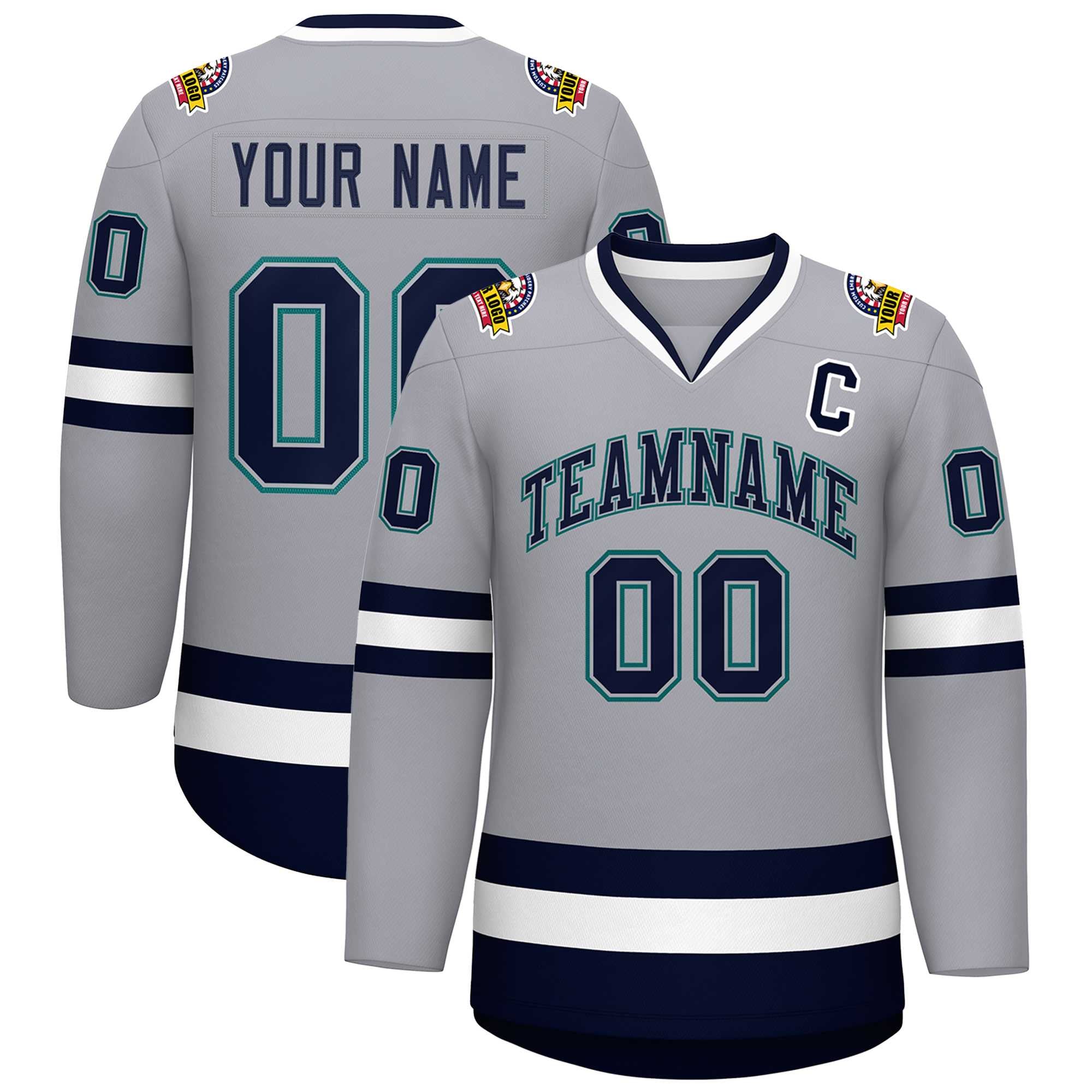 Custom Gray Navy Gray-Aqua Classic Style Hockey Jersey | KXKSHOP