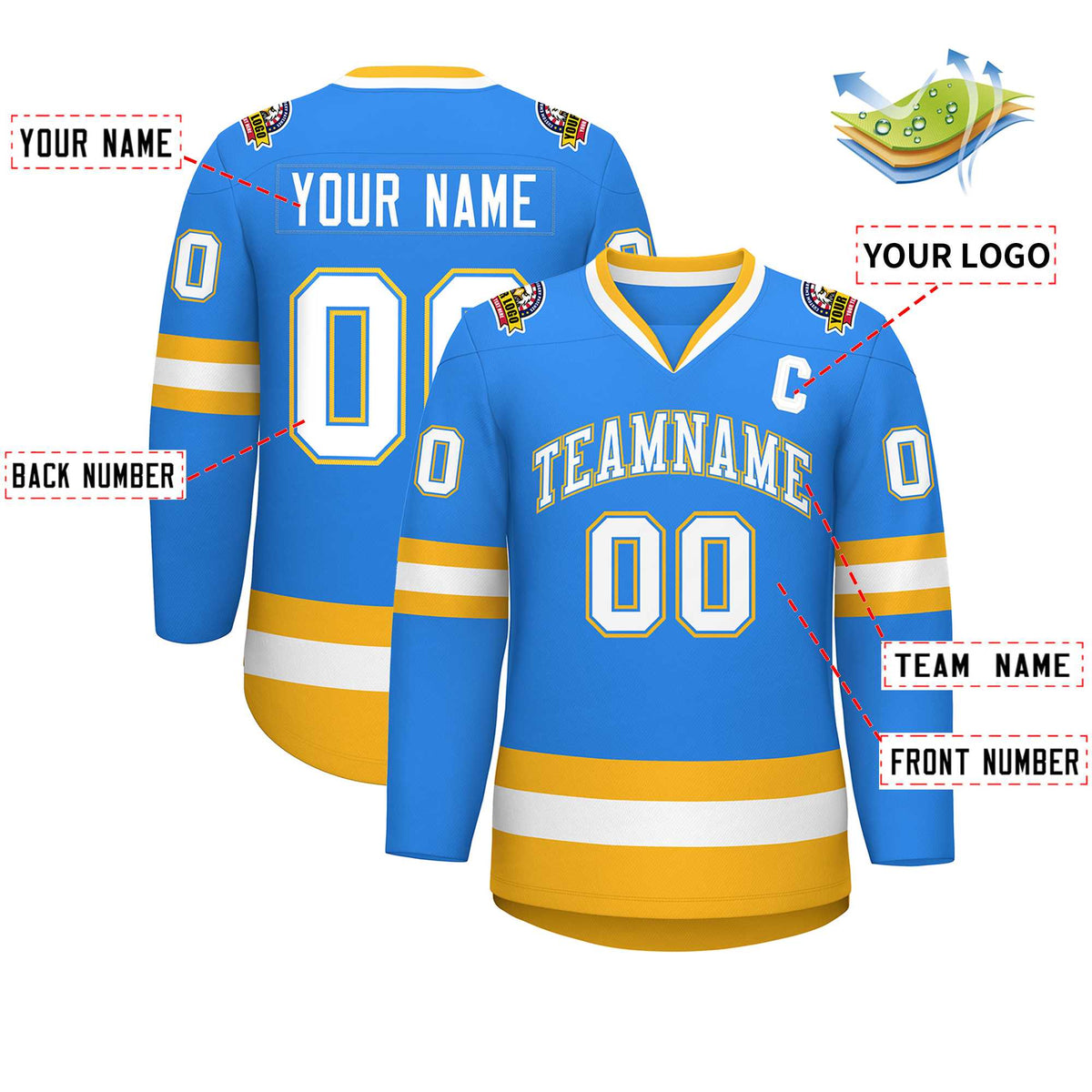 Custom Powder Blue White Powder Blue-Gold Classic Style Hockey Jersey | KXKSHOP