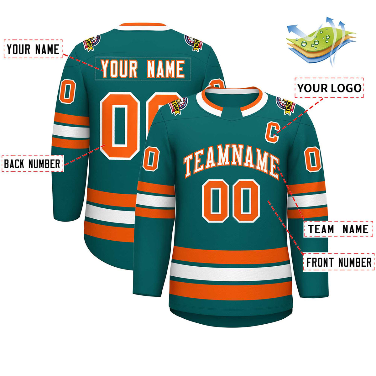 Custom Teal White-Orange Classic Style Hockey Jersey | KXKSHOP