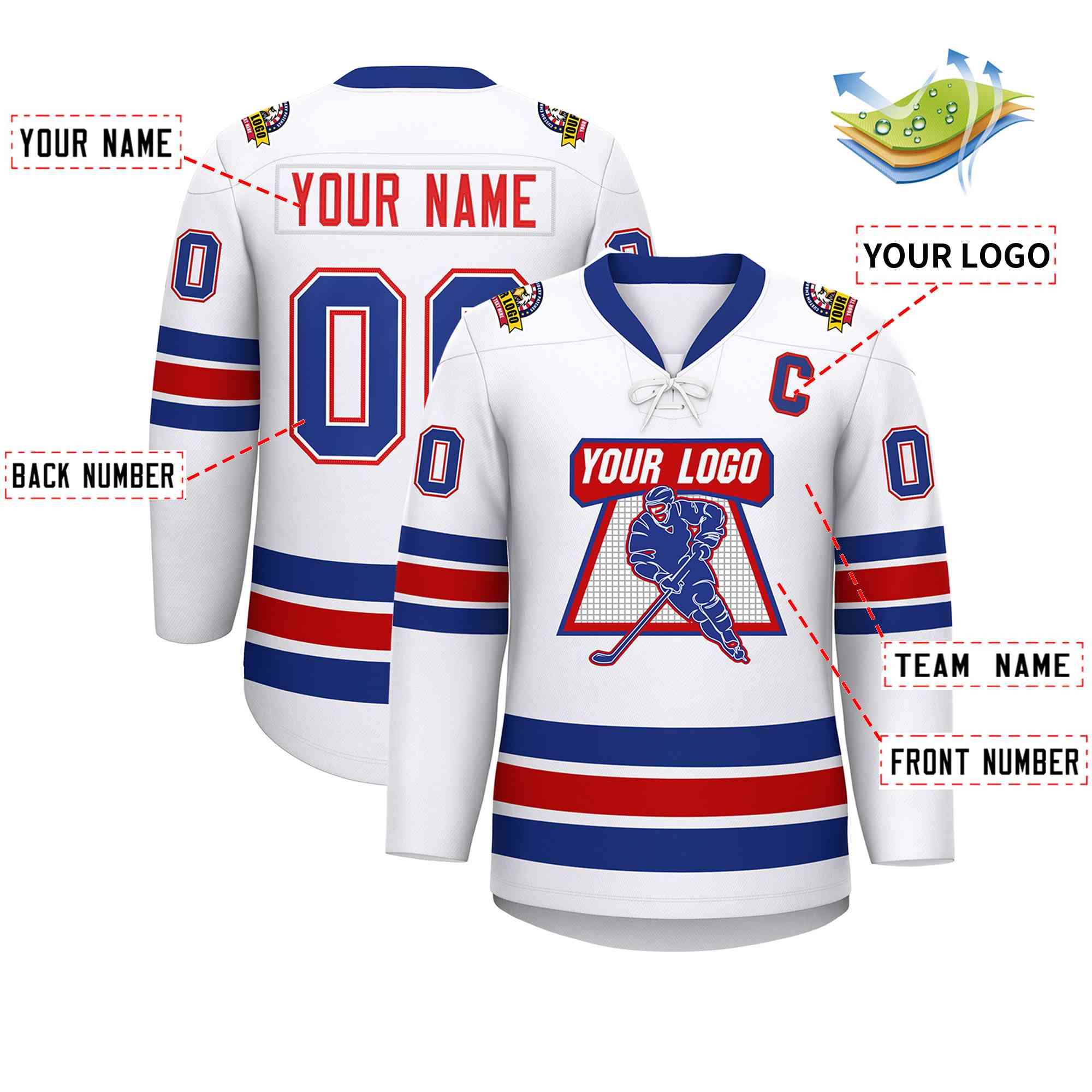 Custom White Royal-Red Lace-Up Neck Hockey Jersey | KXKSHOP