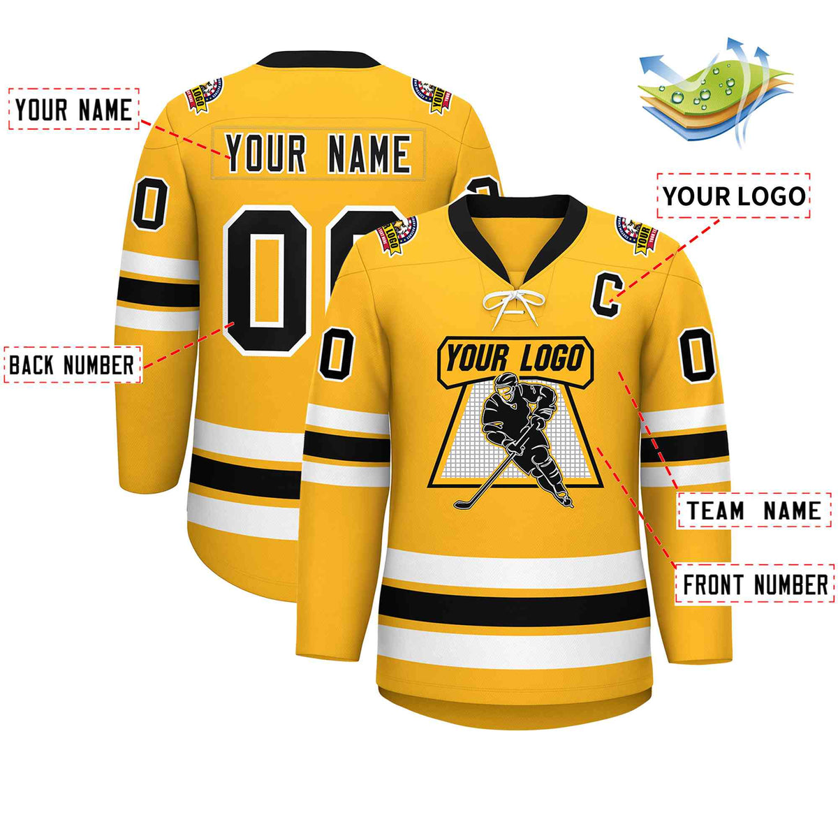 Custom Gold Black-White Lace-Up Neck Hockey Jersey | KXKSHOP