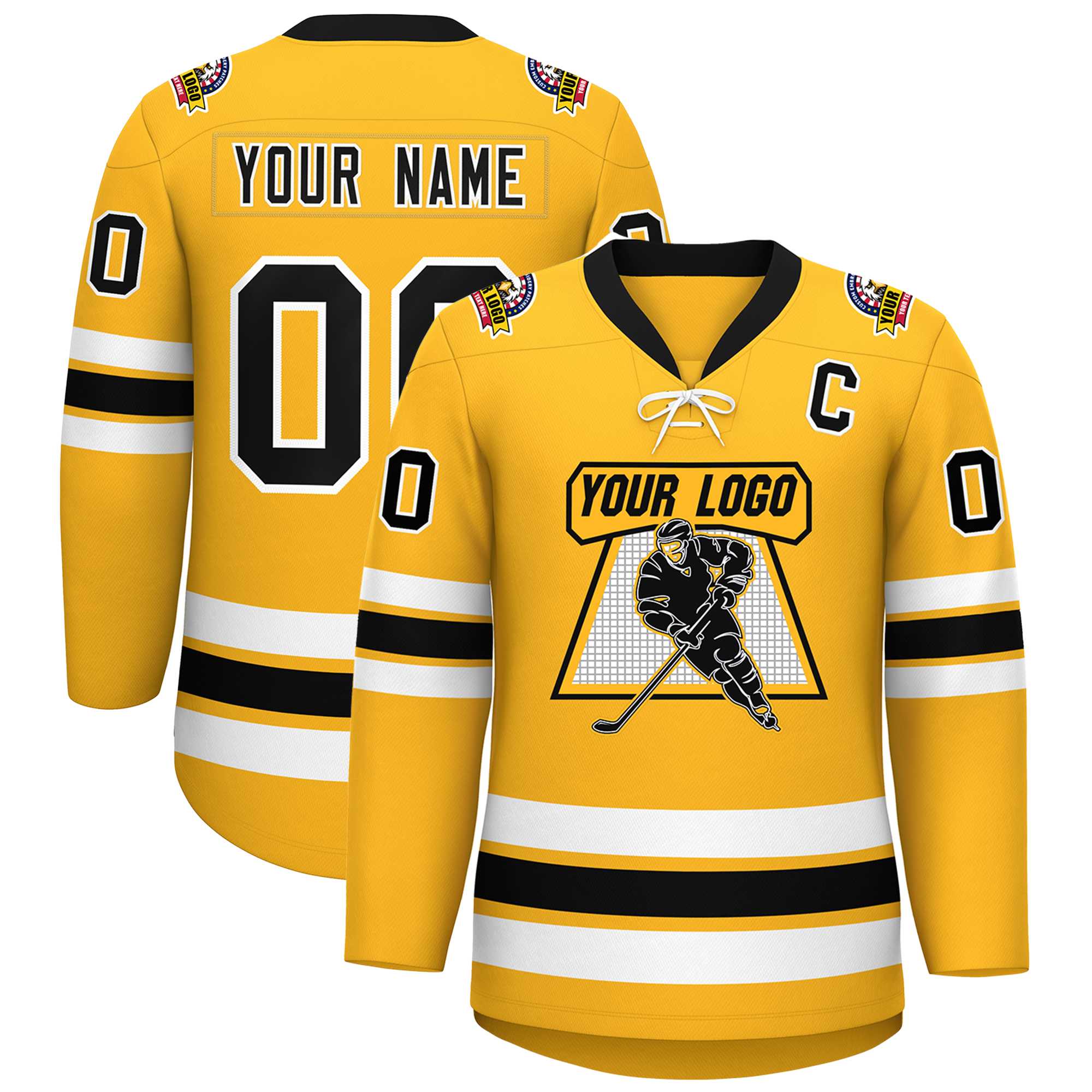 Custom Gold Black-White Lace-Up Neck Hockey Jersey | KXKSHOP