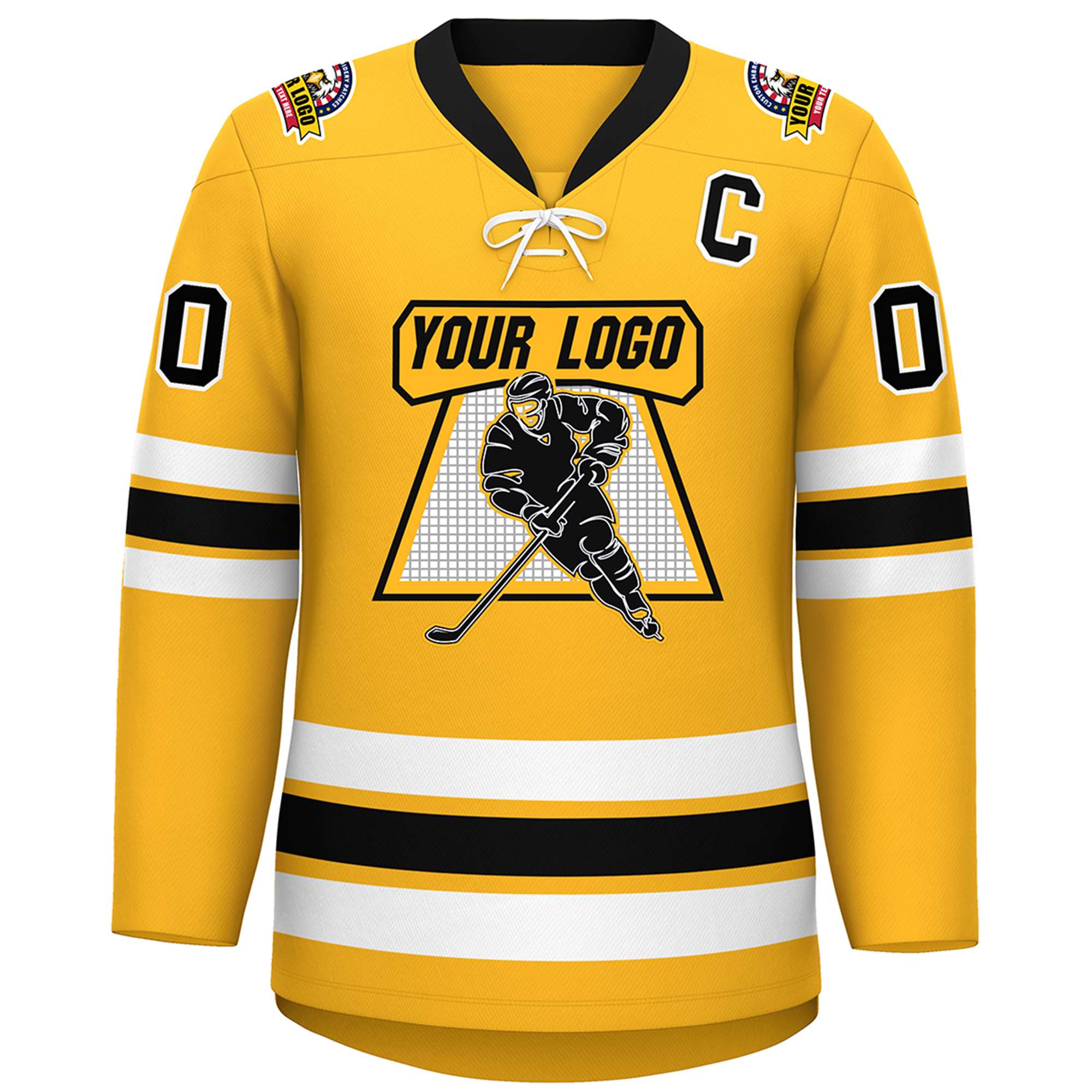 Custom Gold Black-White Lace-Up Neck Hockey Jersey | KXKSHOP