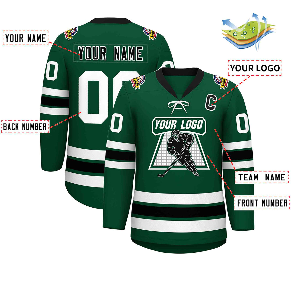 Custom Green Black-White Lace-Up Neck Hockey Jersey | KXKSHOP