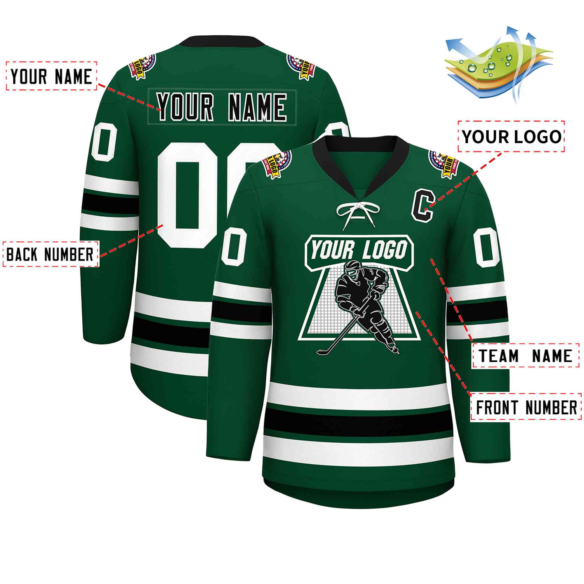 Custom Green Black-White Lace-Up Neck Hockey Jersey | KXKSHOP