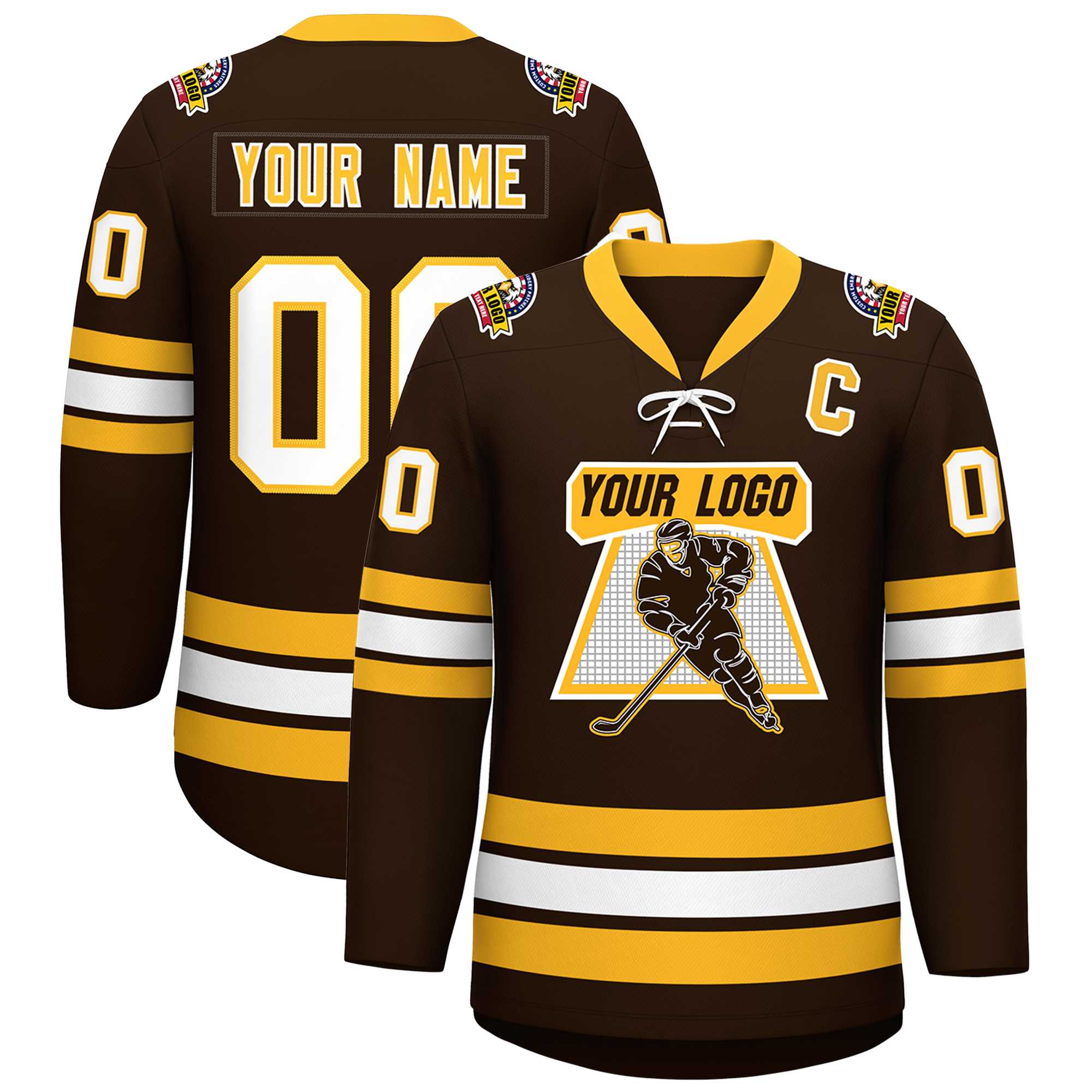 Custom Brown Yellow-White Lace-Up Neck Hockey Jersey | KXKSHOP