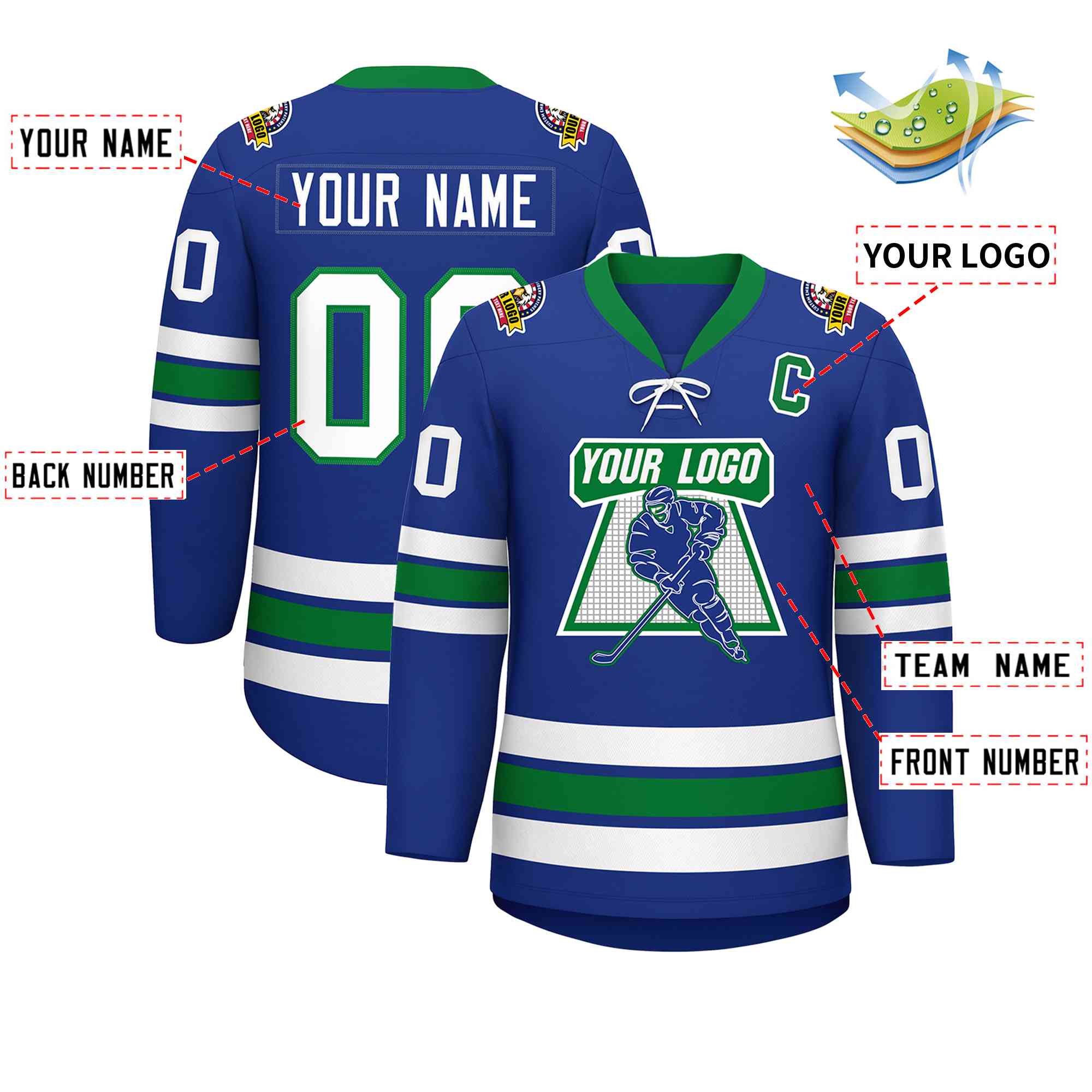 Custom Royal White-Kelly Green Lace-Up Neck Hockey Jersey | KXKSHOP