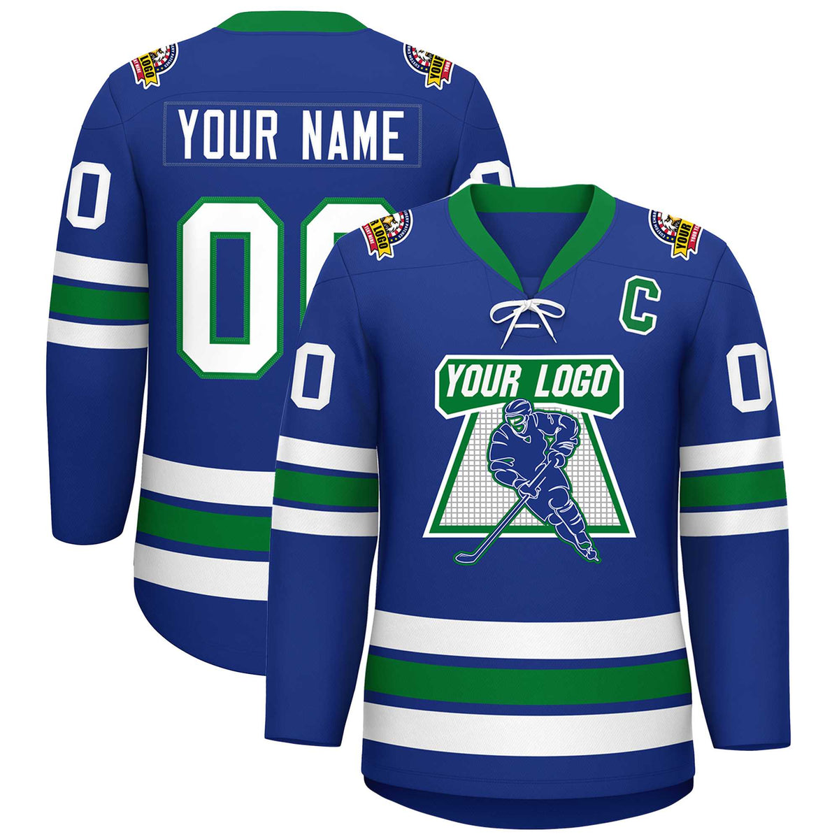 Custom Royal White-Kelly Green Lace-Up Neck Hockey Jersey | KXKSHOP