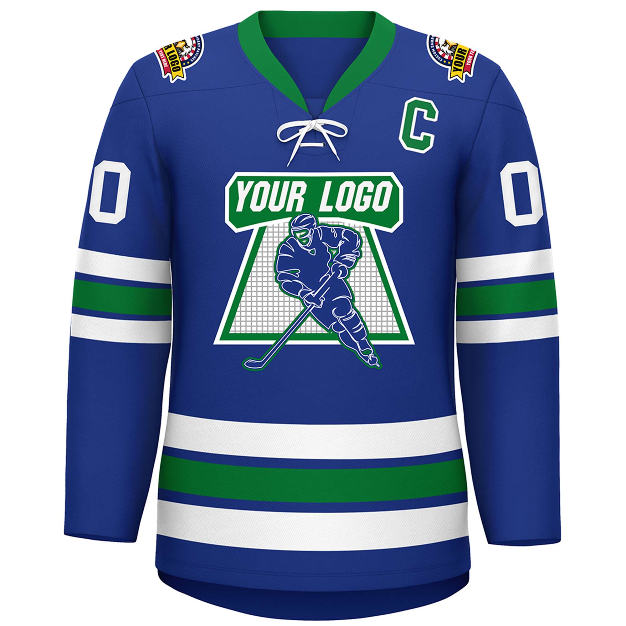 Custom Royal White-Kelly Green Lace-Up Neck Hockey Jersey | KXKSHOP