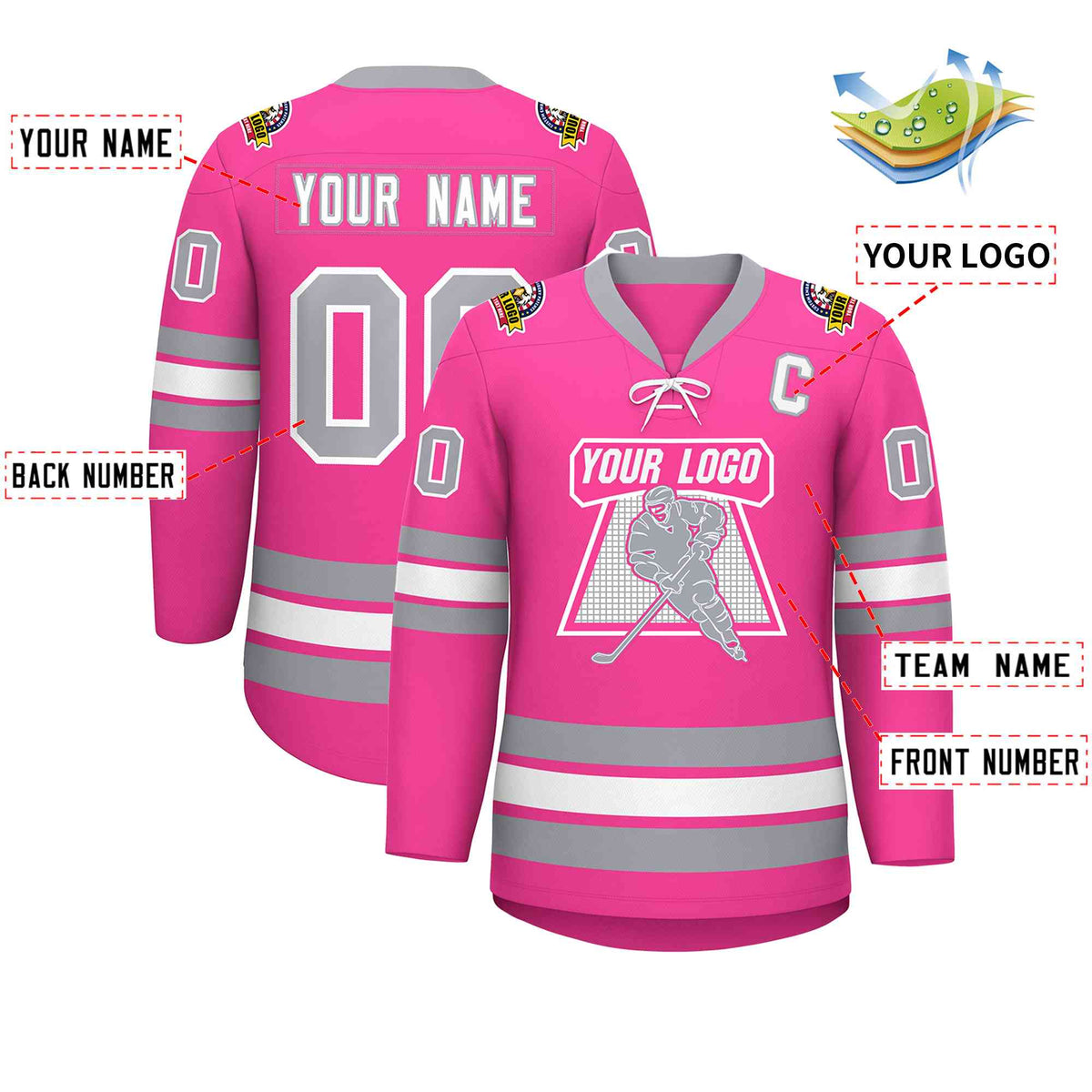 Custom Pink White-Gray Lace-Up Neck Hockey Jersey | KXKSHOP