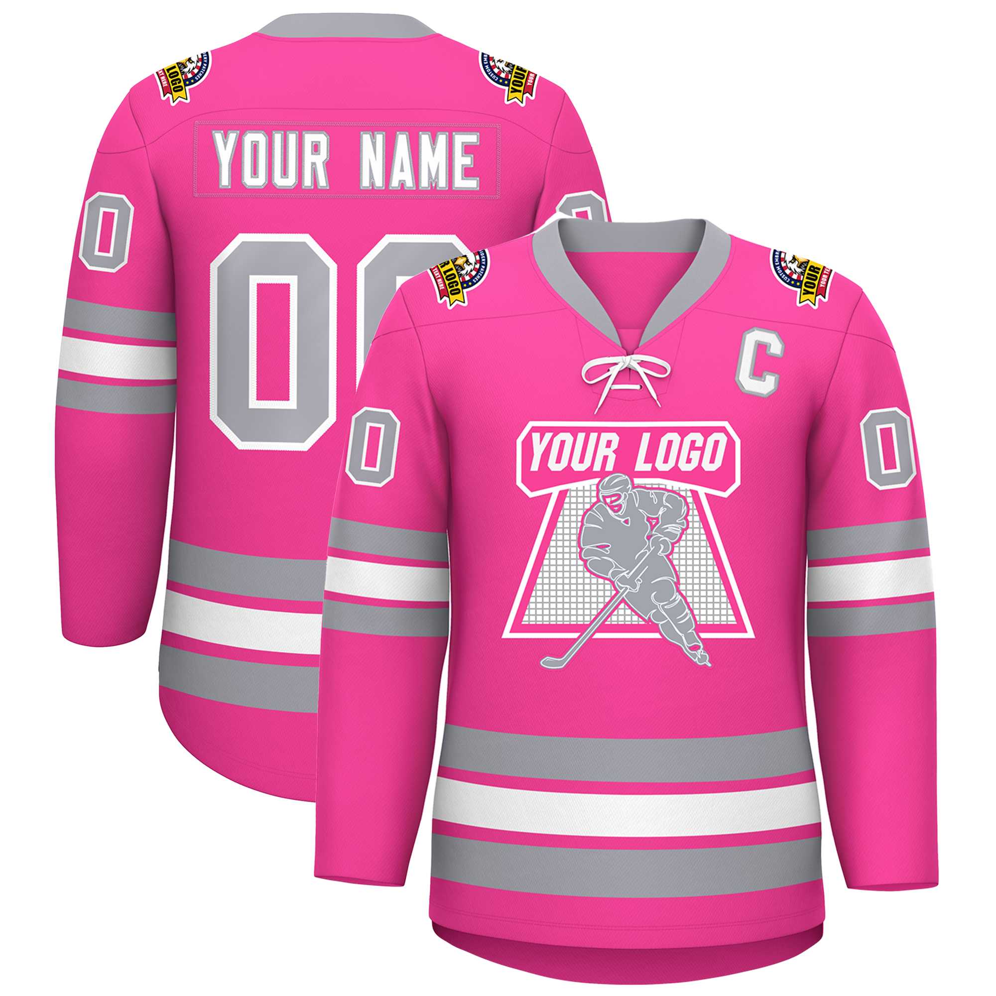 Custom Pink White-Gray Lace-Up Neck Hockey Jersey | KXKSHOP
