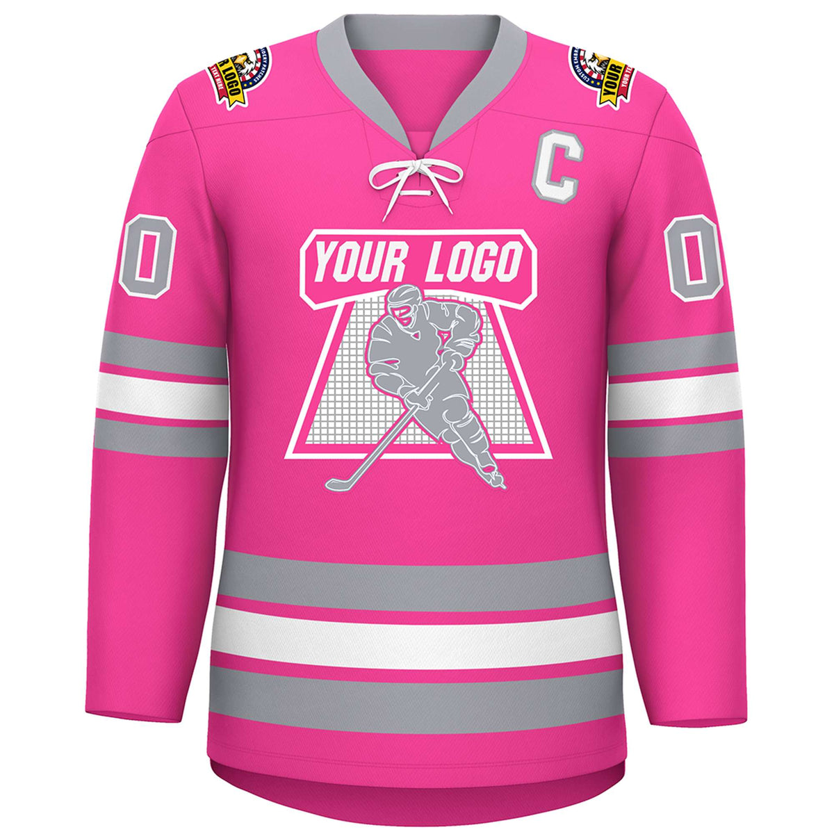 Custom Pink White-Gray Lace-Up Neck Hockey Jersey | KXKSHOP