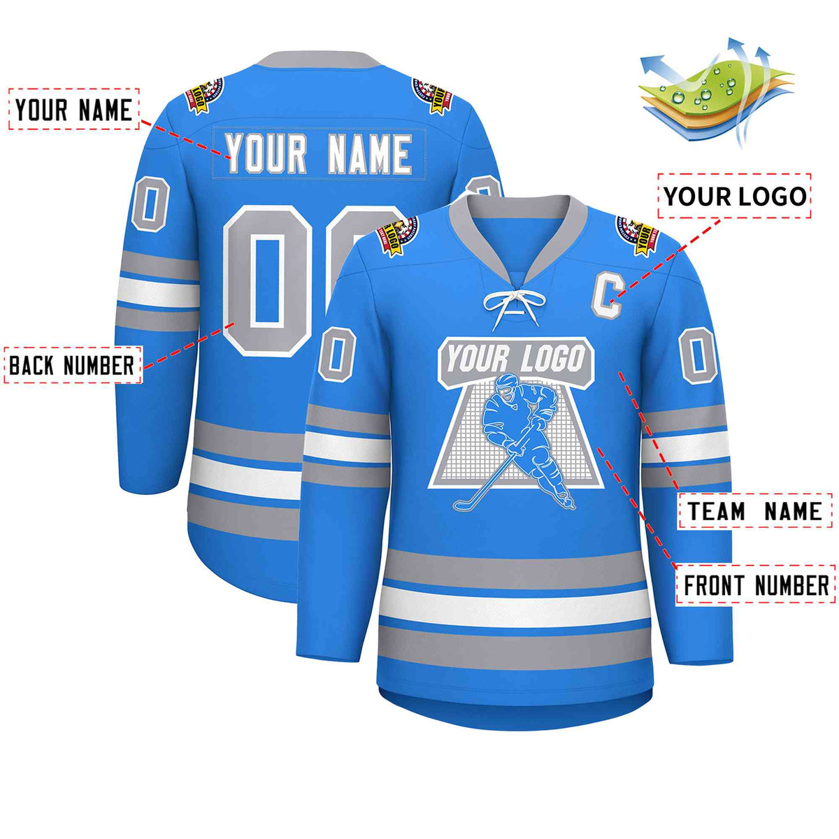 Custom Powder Blue White-Gray Lace-Up Neck Hockey Jersey | KXKSHOP